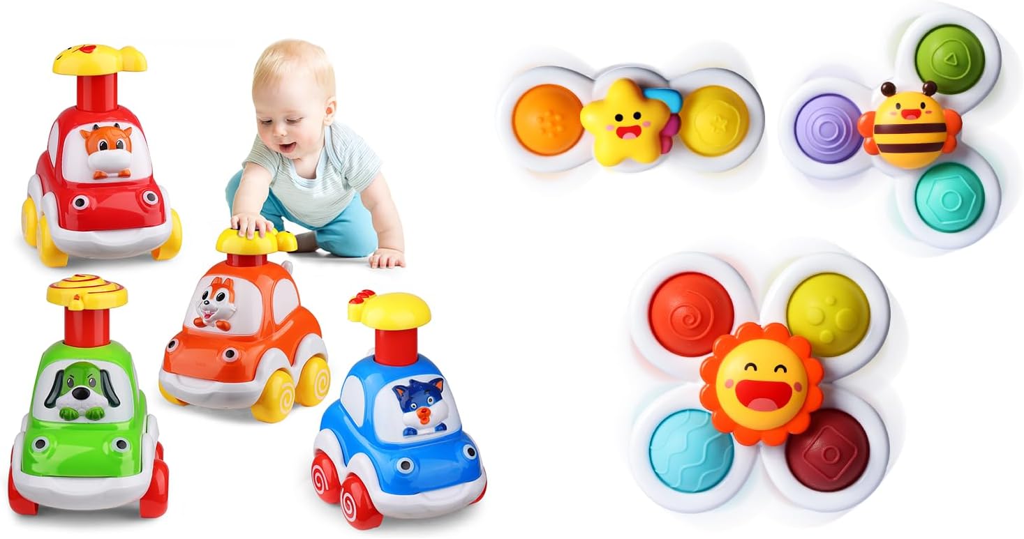ALASOU 4 PCS Animal Car Toys and 3 PCS Suction Cup Rotating Toys for Infant and Toddlers