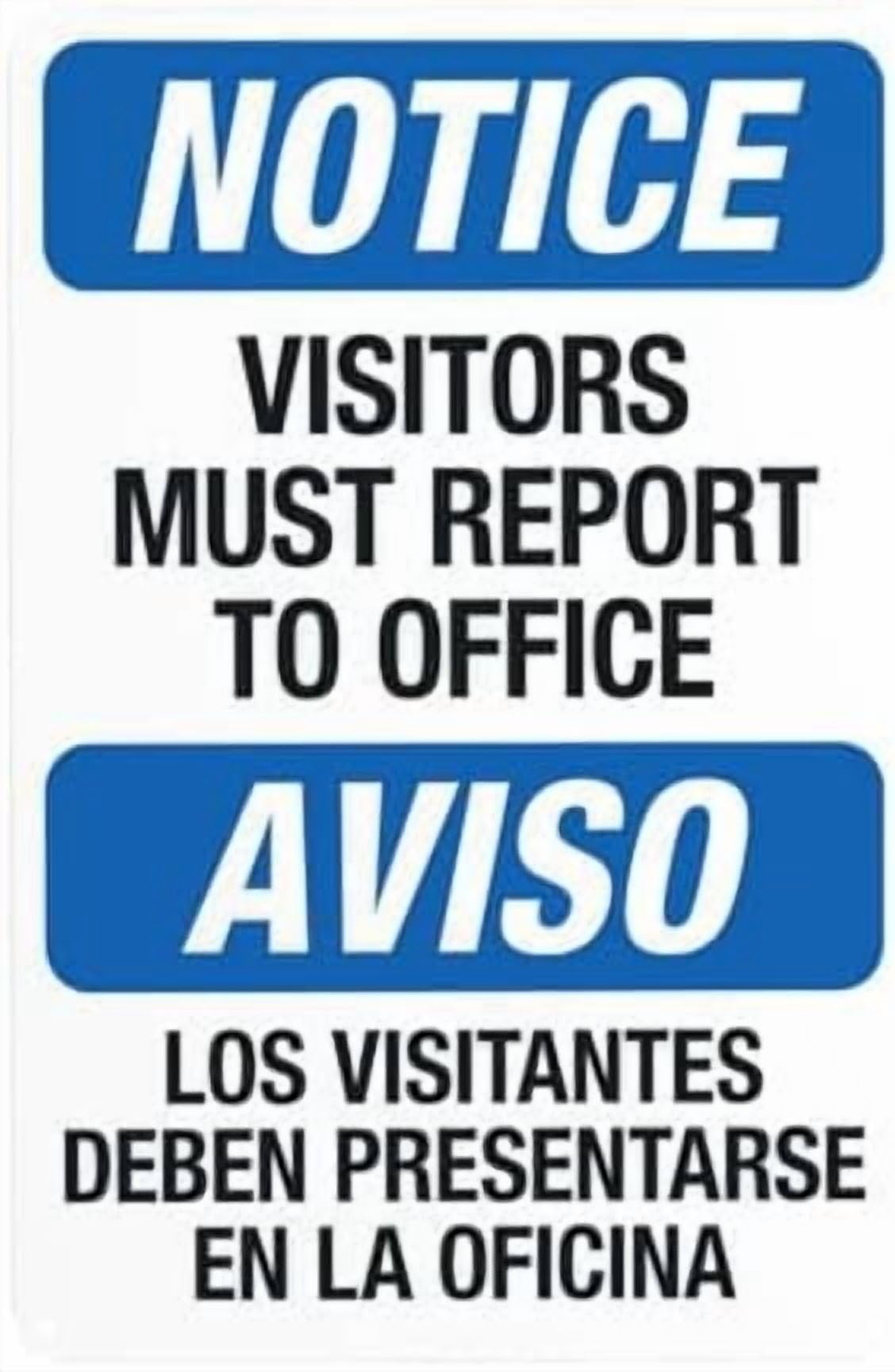 (2-Pack) Metal Tin Sign Notice Visitors Must Report To Office Bilingual Warning Sign, for Home Outdoor Indoor Yard Garage Street Wall Caution Custom Decor 8 x 12 Inch