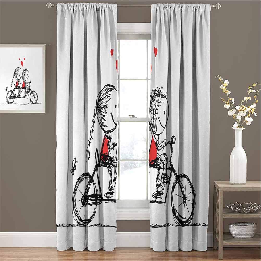 GUUVOR Bicycle Room Darkened Heat Insulation Curtain Children Love Couple Cycling Together Soul Mates Valentines Sketchy Print Living Room curtainsW42 x L72 Inch Black White Scarlet