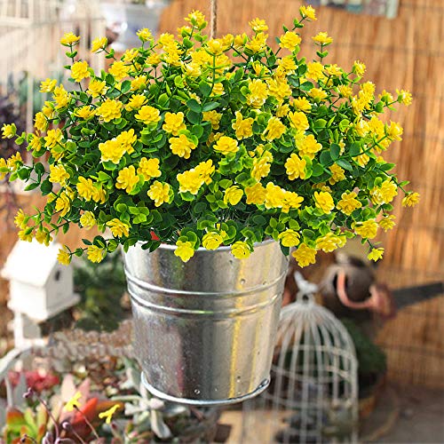 Grunyia 10 Bundles Artificial Fake Flowers, Faux Outdoor Plastic Plants Uv Resistant Shrubs Outside Indoor Decorations (Yellow-Eucalyptus) #TOP1