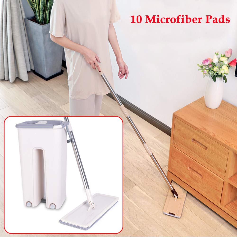 Juego de fregona con cubo, fregona plana grande, 360° apretón plano, microfibra y cubo, juego de 10 almohadillas de microfibra reutilizables, para todas las esquinas