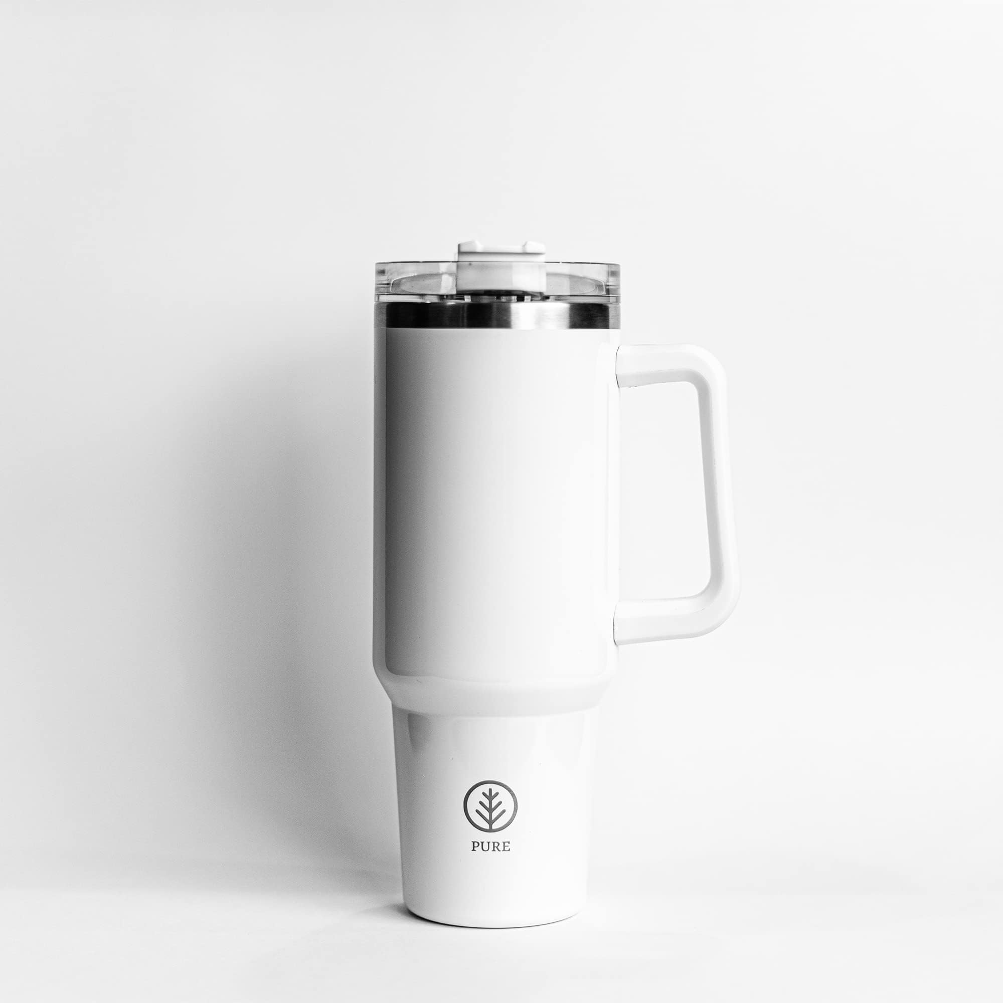 Pure 40 OZ Drinking Tumbler (White) with Handle, Straw, Lid-Stainless Steel and Insulated-Good For Hot & Cold Drinks.