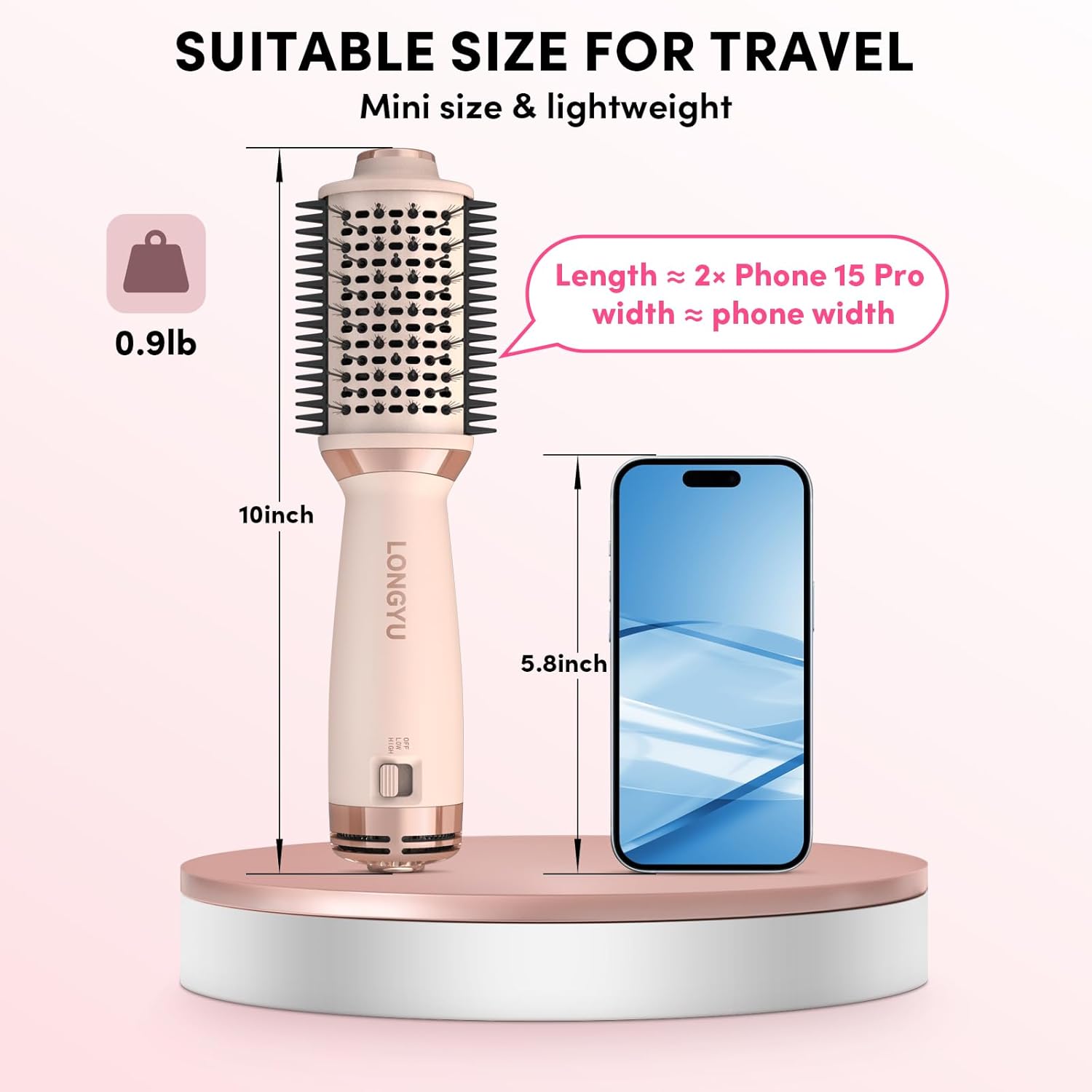 Longyu Travel Dual Voltage Hair Dryer Brush Mini Hot Air Brush with European Plug 110V-240V One Step Blow Dryer and Styler Volumizer for Home & Salon - Image 2