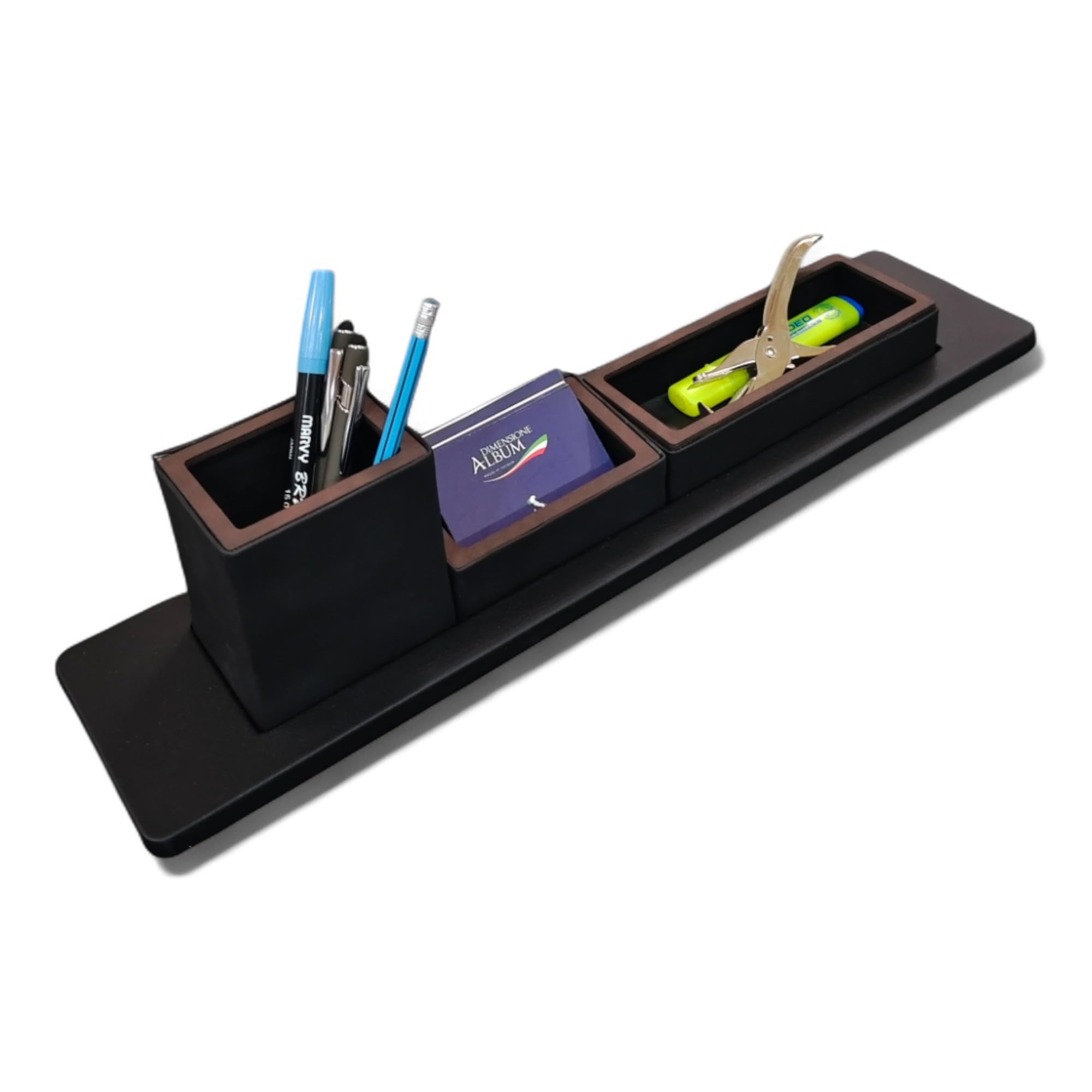 oggettando Set Scrivania in eco pelle PU Nera, 3 in 1 Organizer a incastro Bicchiere Porta Penne, Porta bigliettini, Porta oggetti, Portafoto da tavolo, Sottomano - Ufficio Casa (PU Marrone)