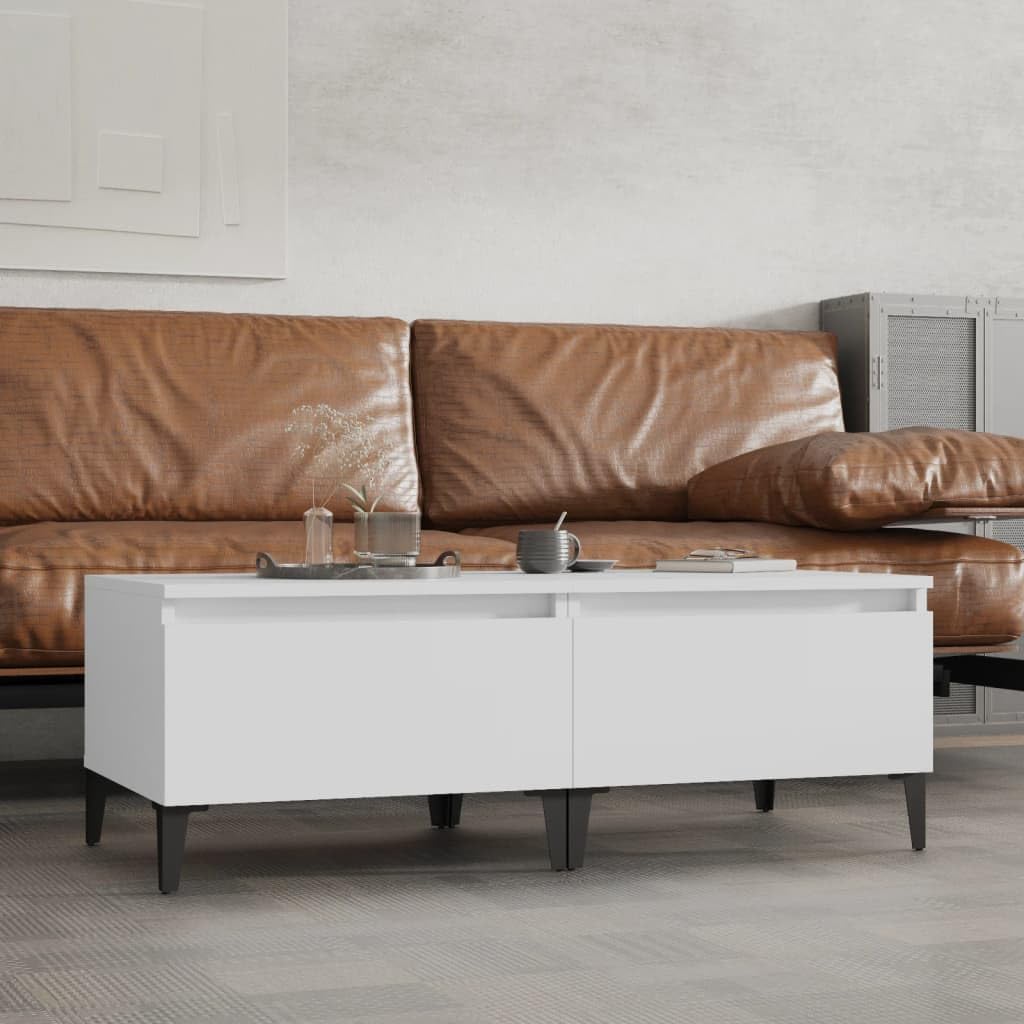 SXZenSpace Side Tables Set of 2 White Engineered Wood 50x46x35 cm with Drawer and Metal Legs Modern Small End for Living Room Bedroom Sofa