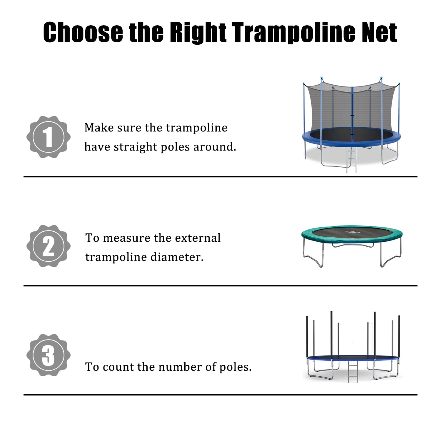 Rete Trampolino, Rete Protezione Tappeto Elastico, Rete Ricambio Trampolino Ø 183/244/305/366/427/457/488cm e 6/8/12 Pali