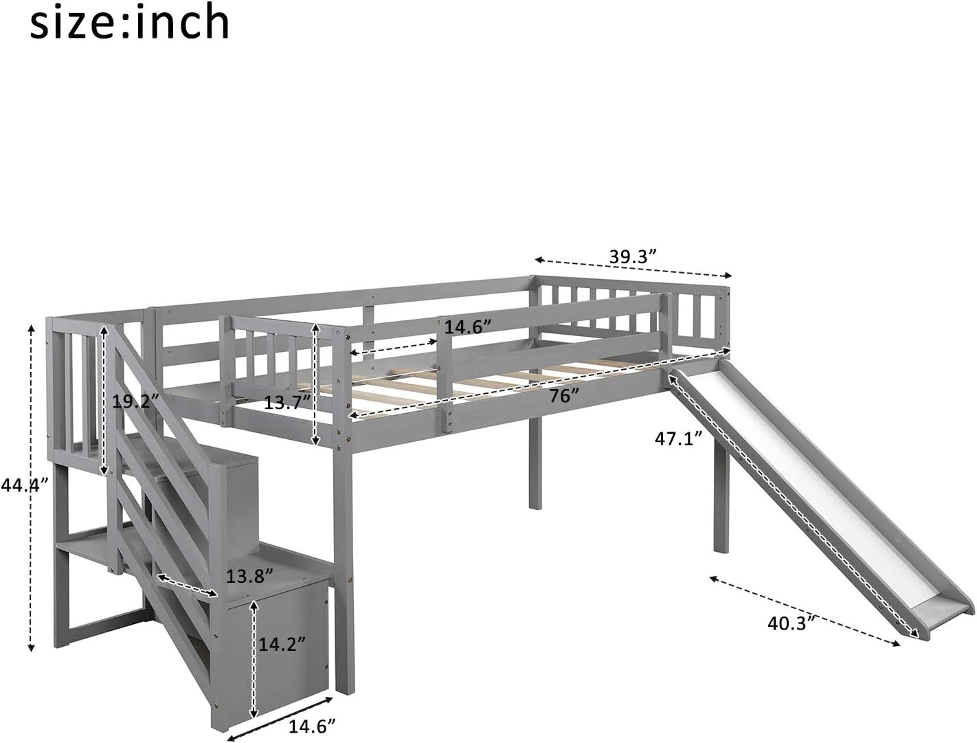 SOFTSEA Junior's Loft Bed with Slide, Twin Size Low Loft Beds with Stairs and Wood Frame for Toddler Kids, Multifunctional Design