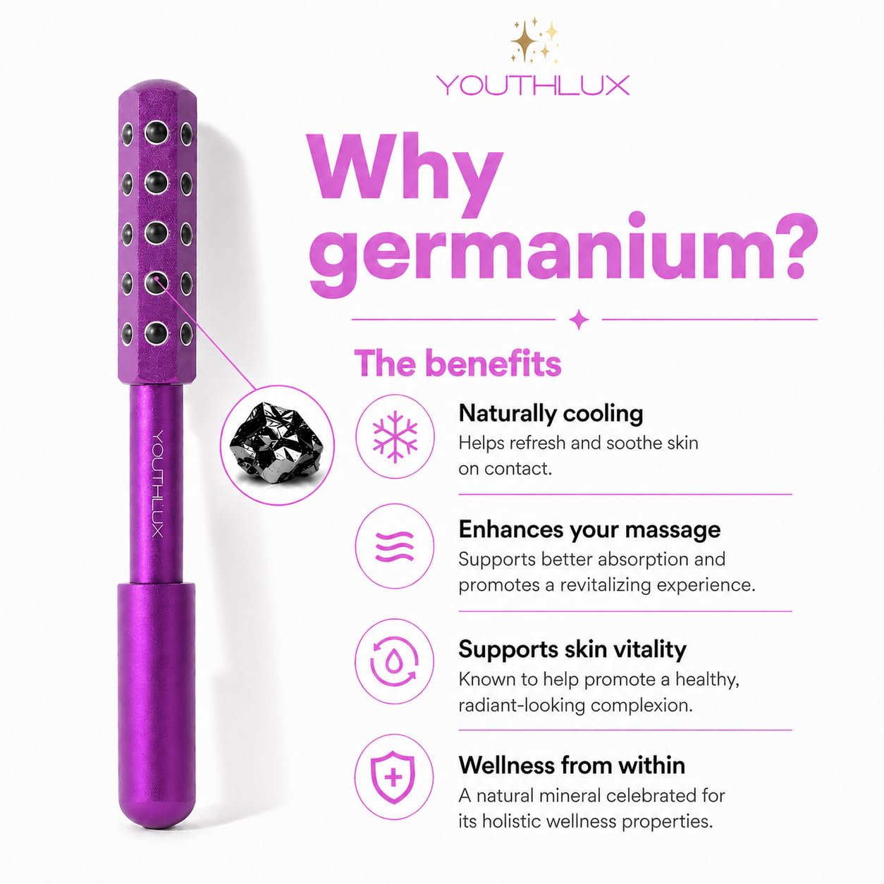 Radiance Roller – Germanium Stone Facial Massage Tool/Wand Face Roller for Lifting, Sculpting, De-Puffing, Glow Boost, Energizing & Cooling Effect (Purple)