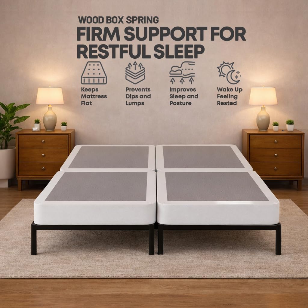 Treaton, 4-Inch Sturdy Wood Box Spring for Mattress Support - Durable and Fully Assembled, Natural Wood Foundation for King, White
