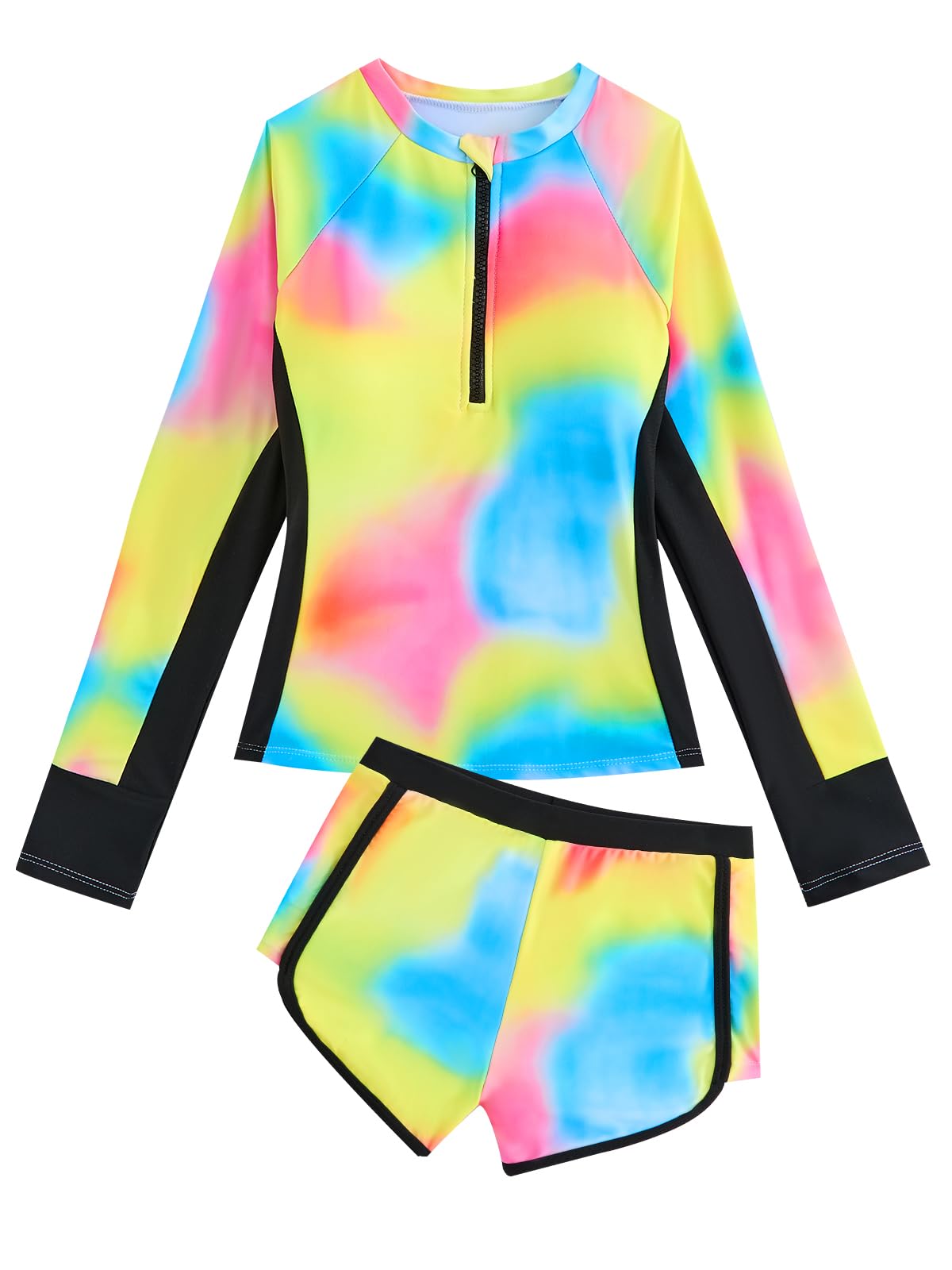 JiAmy Dziewczęcy kostium pływacki, 2-częściowy zestaw, ochrona przed promieniowaniem UV, długi rękaw, koszulki z szortami, tie-dye nadruk, kostium kąpielowy 7-13 lat