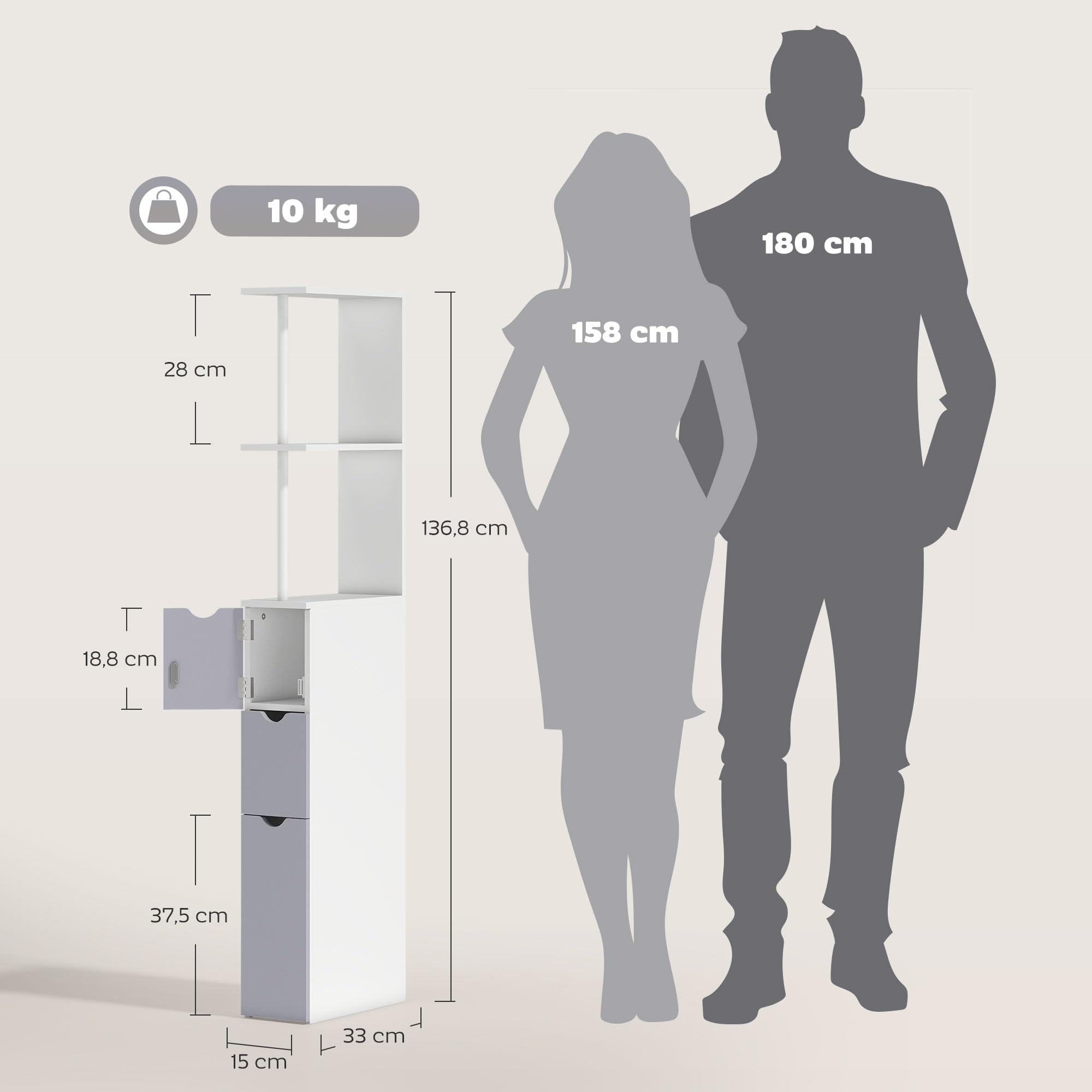 HOMCOM Columna Auxiliar de Baño Estrecha Moderna 15x33x136,8 cm Blanco | Armario Alto de Baño, Mueble Auxiliar, 2 Estantes, 2 Cajones, 1 Puerta, Antivuelco