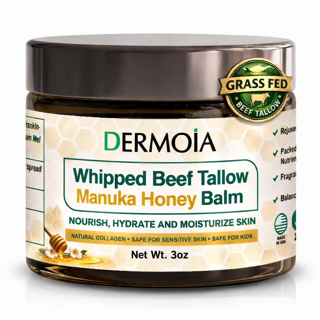 Grass Fed Whipped Beef Tallow for Skin with Manuka Honey - Silky Smooth, Fast Absorbing Tallow & Honey Balm - Ideal for Kids & Eczema Prone Area - Whipped Moisturizer for Dry & Sensitive Skin