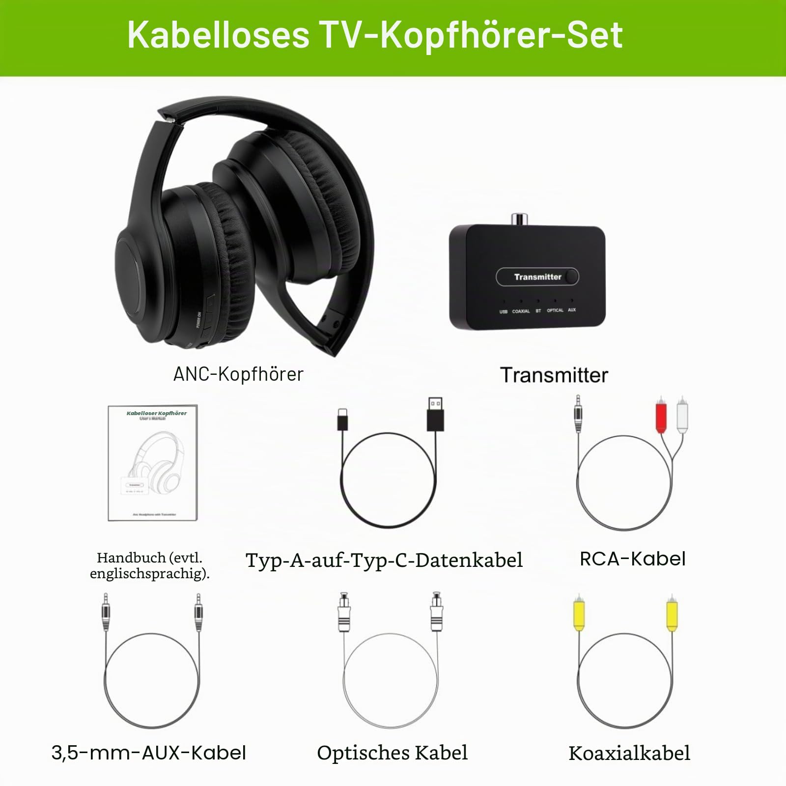 Kabellose TV-Kopfhörer mit Sender, Geräuschunterdrückung Kabellose TV-Kopfhörer für Senioren, HD-Stereo-Sound Bluetooth-Fernseh-Headset, Keine Audioverzögerung, 30 Stunden Spielzeit, Plug-and-Play