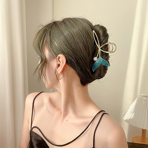 Miniatura 5 de Pinzas para el pelo de cola de pez azul con perla, pinzas de pelo de sirena para mujer, pinza de pelo de metal dorado grande, pinzas de sujeción