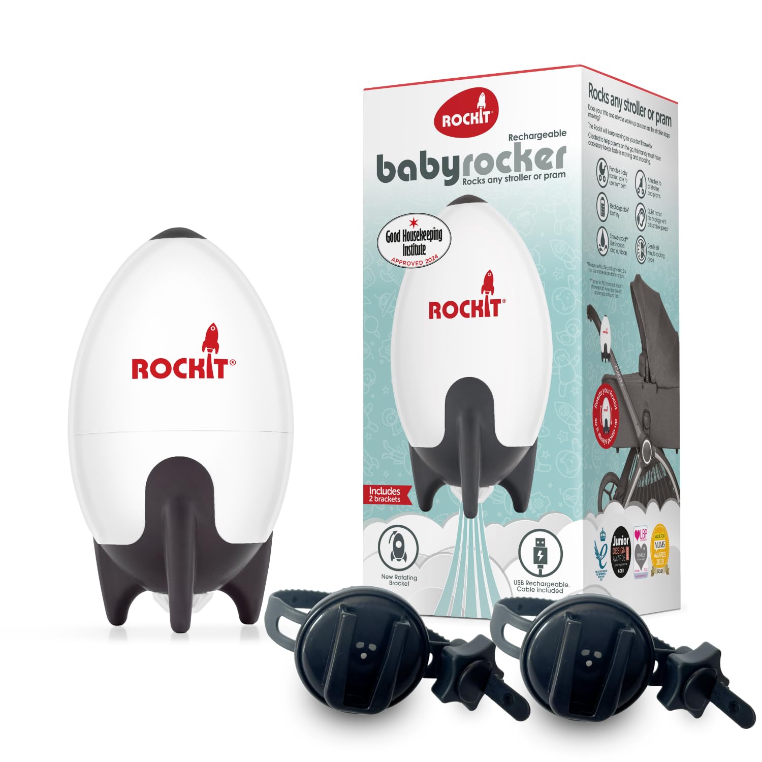 ROCKIT Kinderwagenschaukler SET -Das Original- Einschlafhilfe Baby wiederaufladbar (USB), stufenlos einstellbar & ultraleise mit 60-Min Timer - inkl. 2 Halterungen, schaukelt Kinderwagen & Buggy