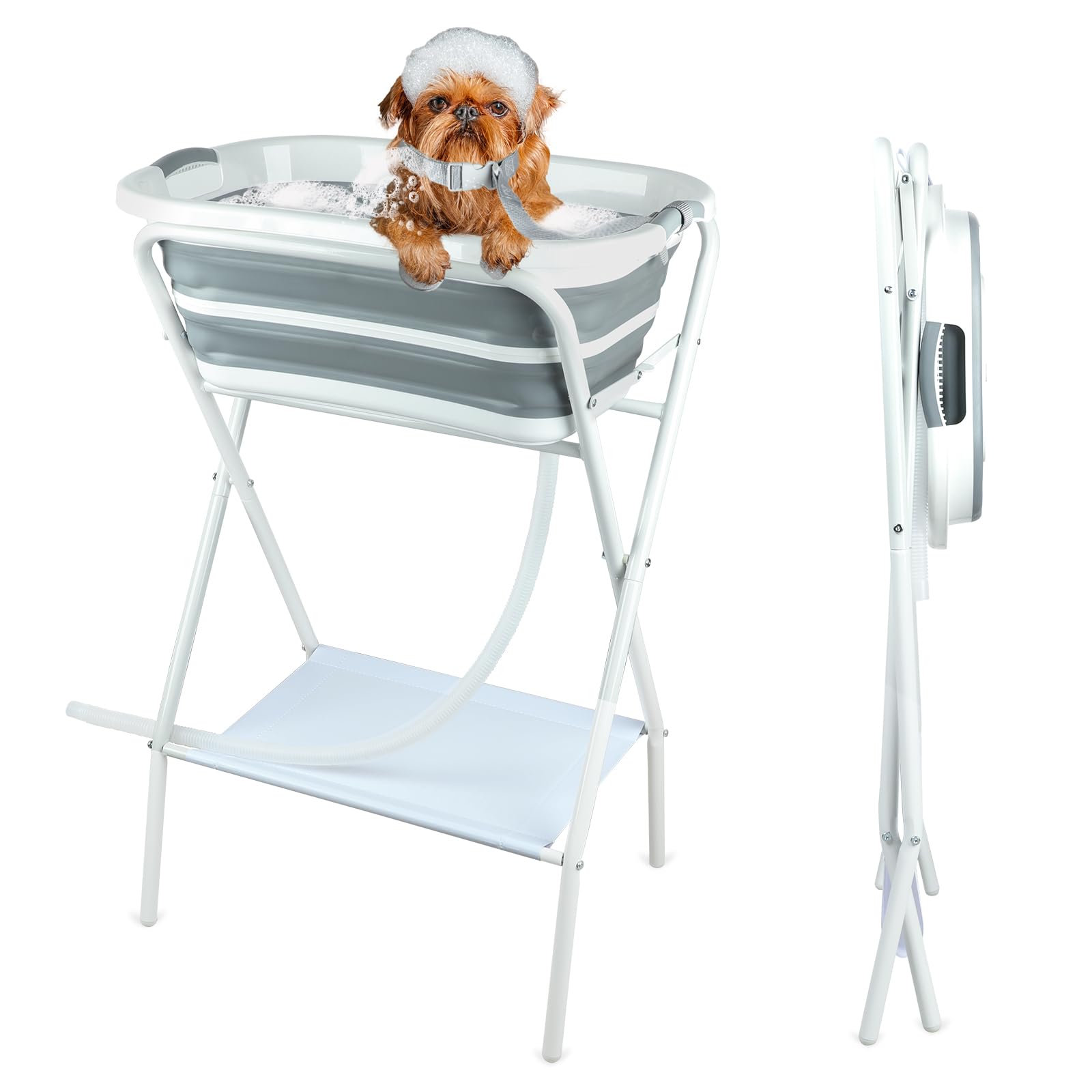 FHTONGE Erhöhte Hunde-Badewanne, Fellpflegestation mit Abfluss, verstellbares Halsband, zusammenklappbare Hundepflege, 2-in-1, tragbare Hundewaschstation, Haustierwanne für kleine, mittelgroße Hunde