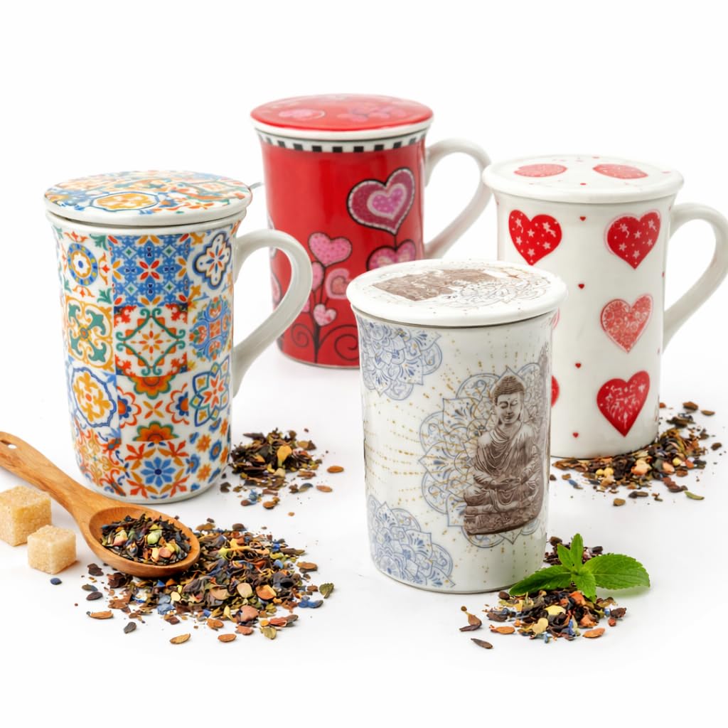 Genérico Pack x4 Taza Mug con Filtro y Tapa para Té o Café, 280 ml, Cerámica Decorativa con Infusor Integrado, 11.5 x 8.5 x 10.5 cm