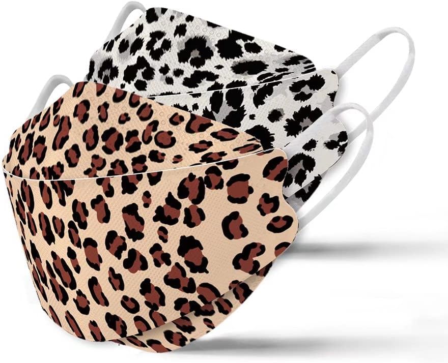 Rmaytiked 50Pcs 4-Ply KF94 Breathable Face Masks 3D Mouth Shields Filter Full Face Cover- Black White and Primary Leopard Print