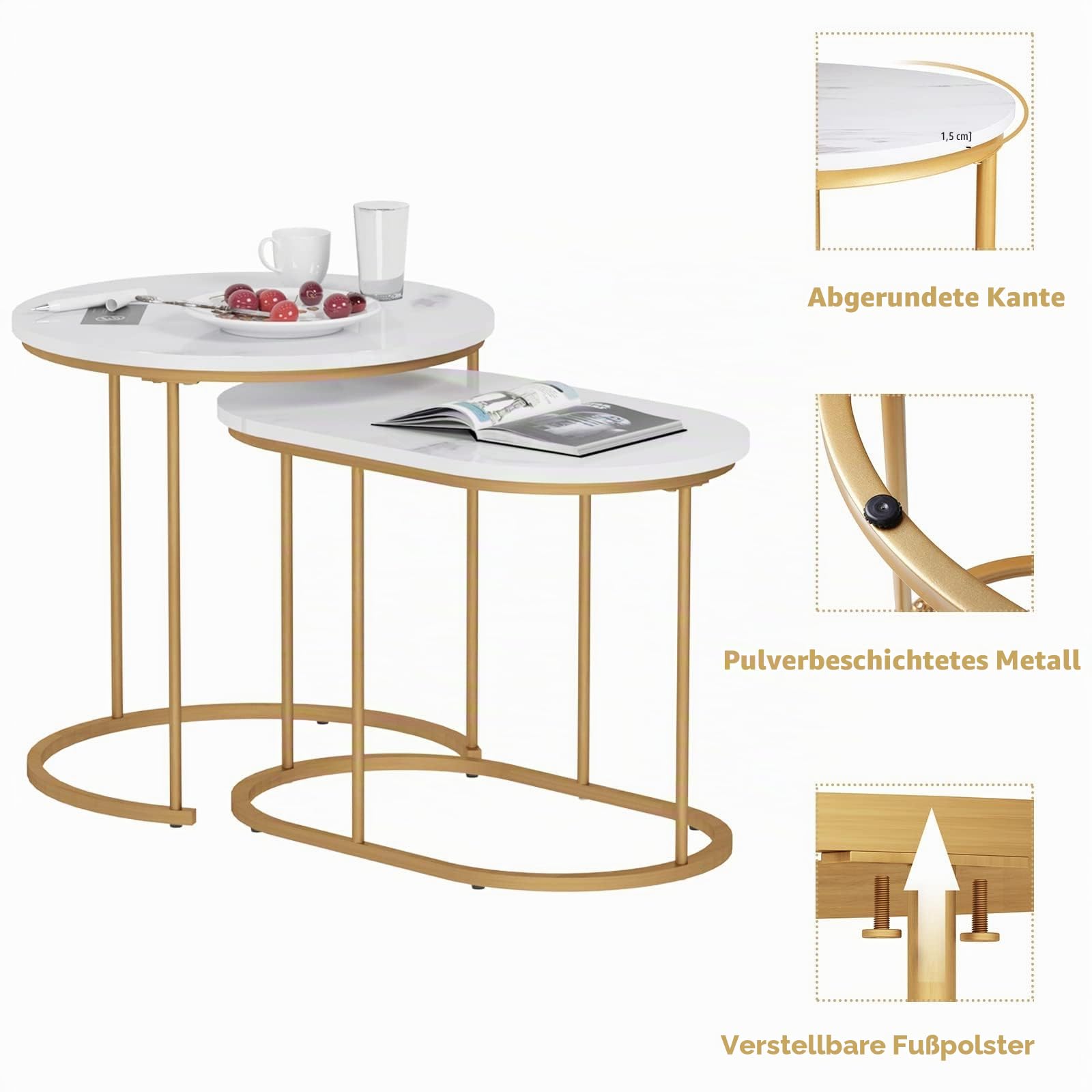 SogesHome Satztische fürs Wohnzimmer 2er Set Couchtisch Beistelltisch Sets Wohnzimmertisch Nachttisch Satztisch Pflanztisch mit Metallgestell, einfacher Aufbau
