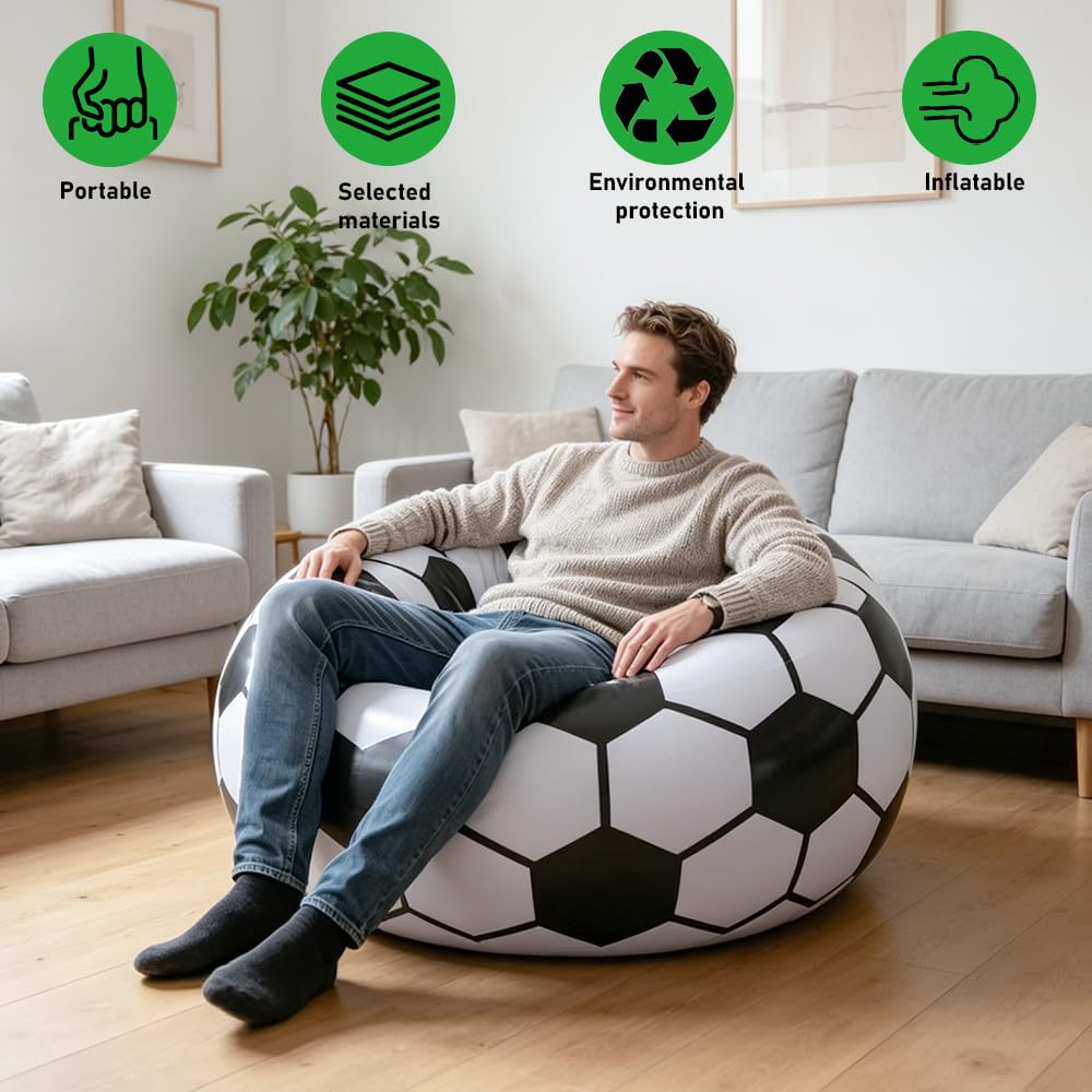 Poltrona gonfiabile a forma di pallone da calcio, 105 x 105 x 70 cm, con pompa ad aria, portatile, superficie floccata, super morbida, per soggiorno, camera da letto, campeggio