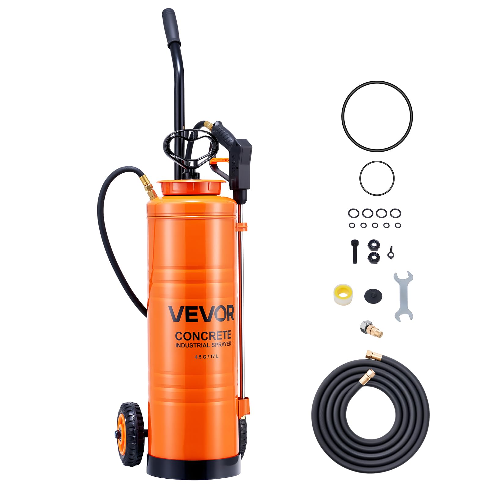 VEVOR Pulverizador Industrial Capacidad de 17 L, Pulverizador de Hormigón de Acero Inoxidable con Mango Ergonómico y Carro Extraíble, Presión 25-​60 PSI, 2 Boquillas de Latón, para Construcción