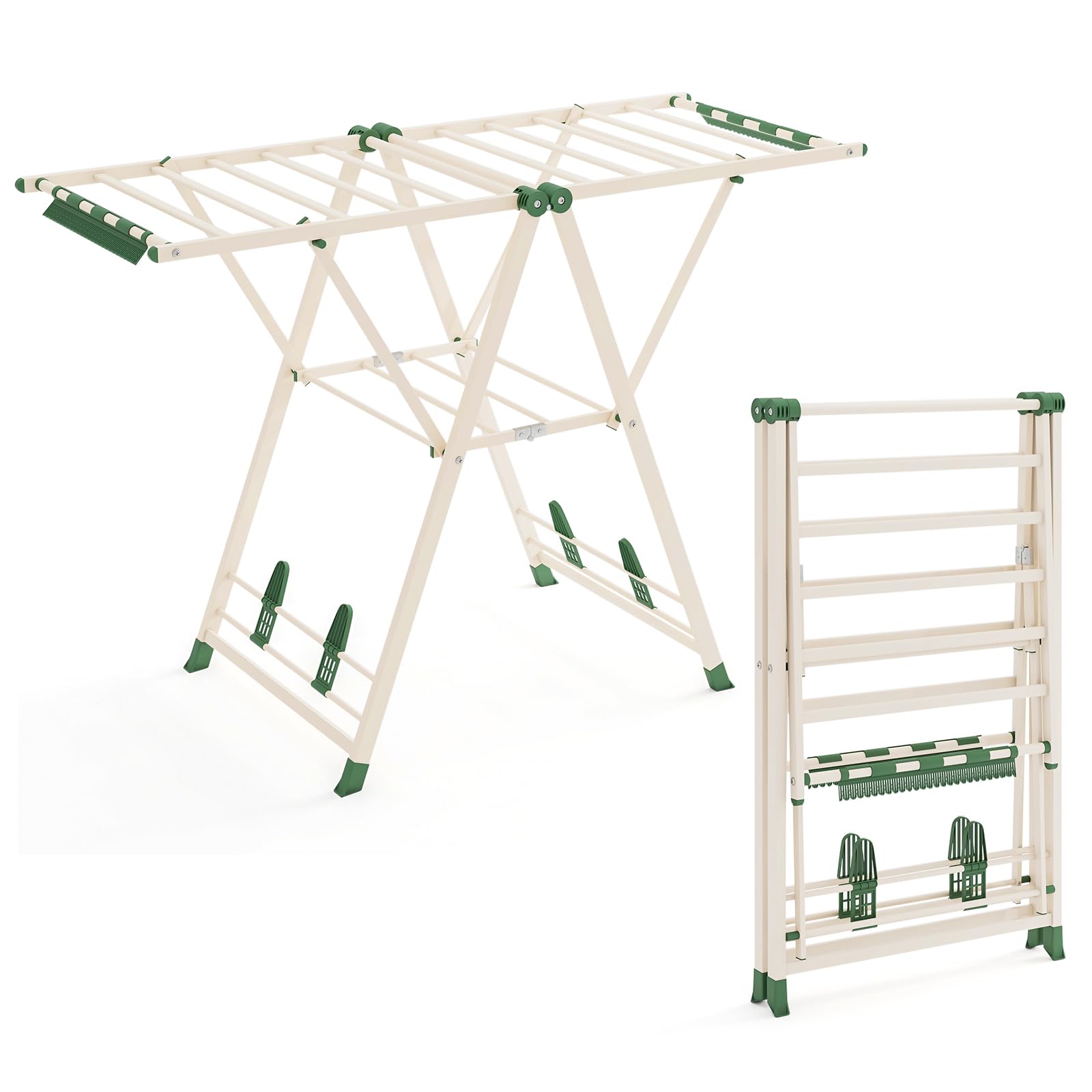 COSTWAY Wäscheständer klappbar mit verstellbaren Flügeln, Sockenklammern & Schuhablage, Wäschetrockner ausziehbar, Trockenständer freistehend für die Wäsche drinnen & draußen (Beige,141cm)