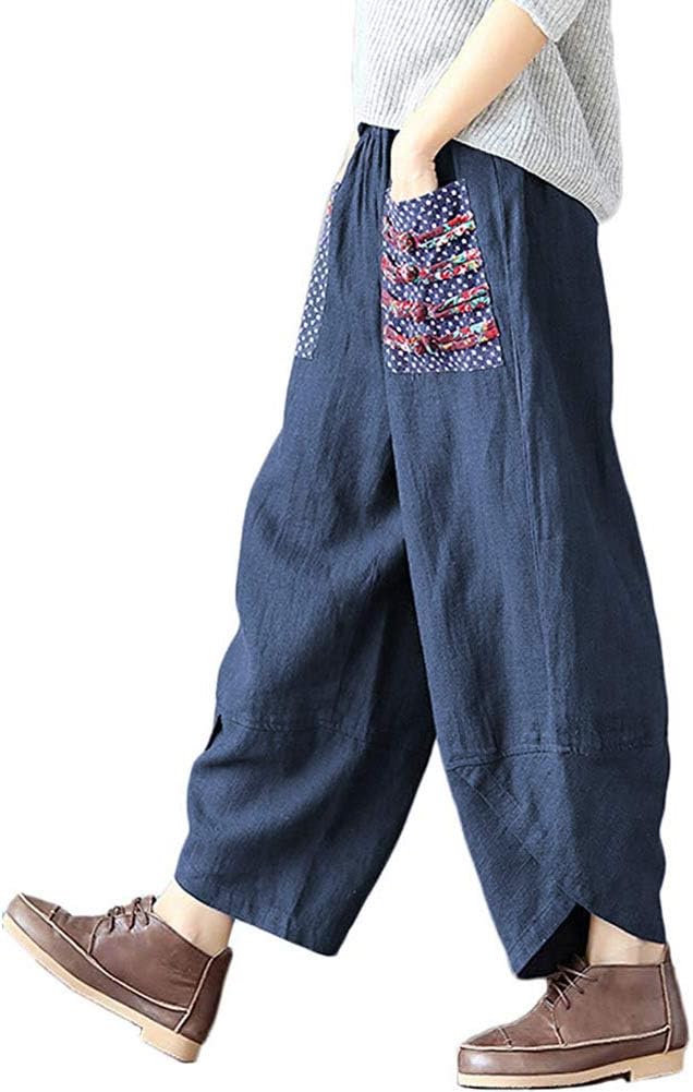 HwayslonWomen's Baggy Linen Wide Leg Trousers Casual Patchwork Elastic Waist Harem Pants Harlan Pants M -XXL