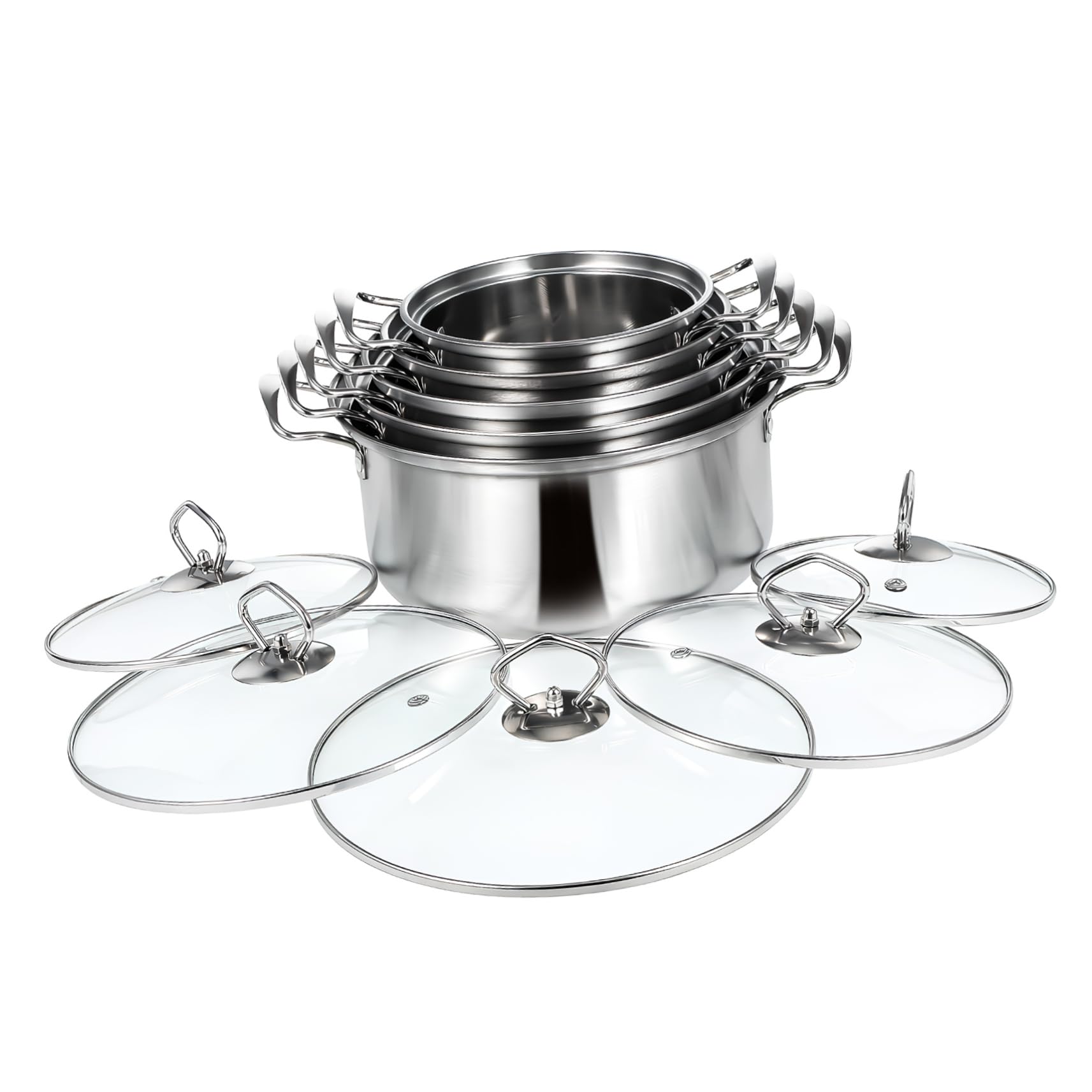 Ciieeo Set di Pentole da Zuppa in Acciaio Inox 5 Set con Doppi Manici | Coperchi in Vetro, Finitura Argento, Uso Versatile per Cucina Domestica, Formato All-in-one