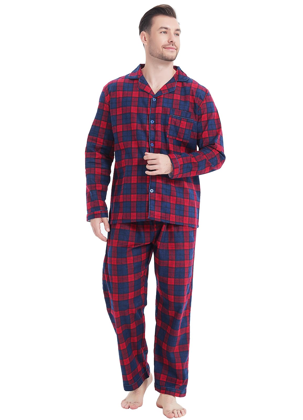 Men Flannel Pajamas Set 100% Cotton Brushed Pjs Classic Plaid Long Sleeve Tops Pants Warm Sleepwear loungewear-image-26