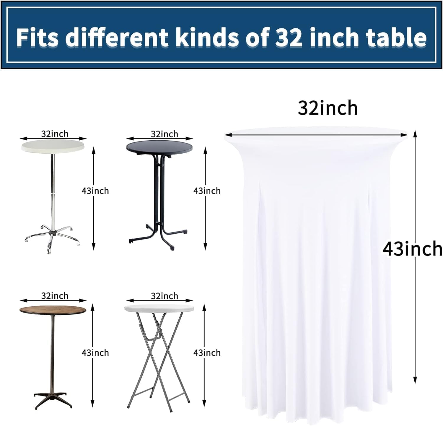 2 Packs Round Cocktail Table Skirt 32"x 43" Spandex Stretch Cocktail Tablecloth with Wavy Drapes, White Spandex Fitted High Top Table Covers for Wedding Party Birthday Banquet Bar