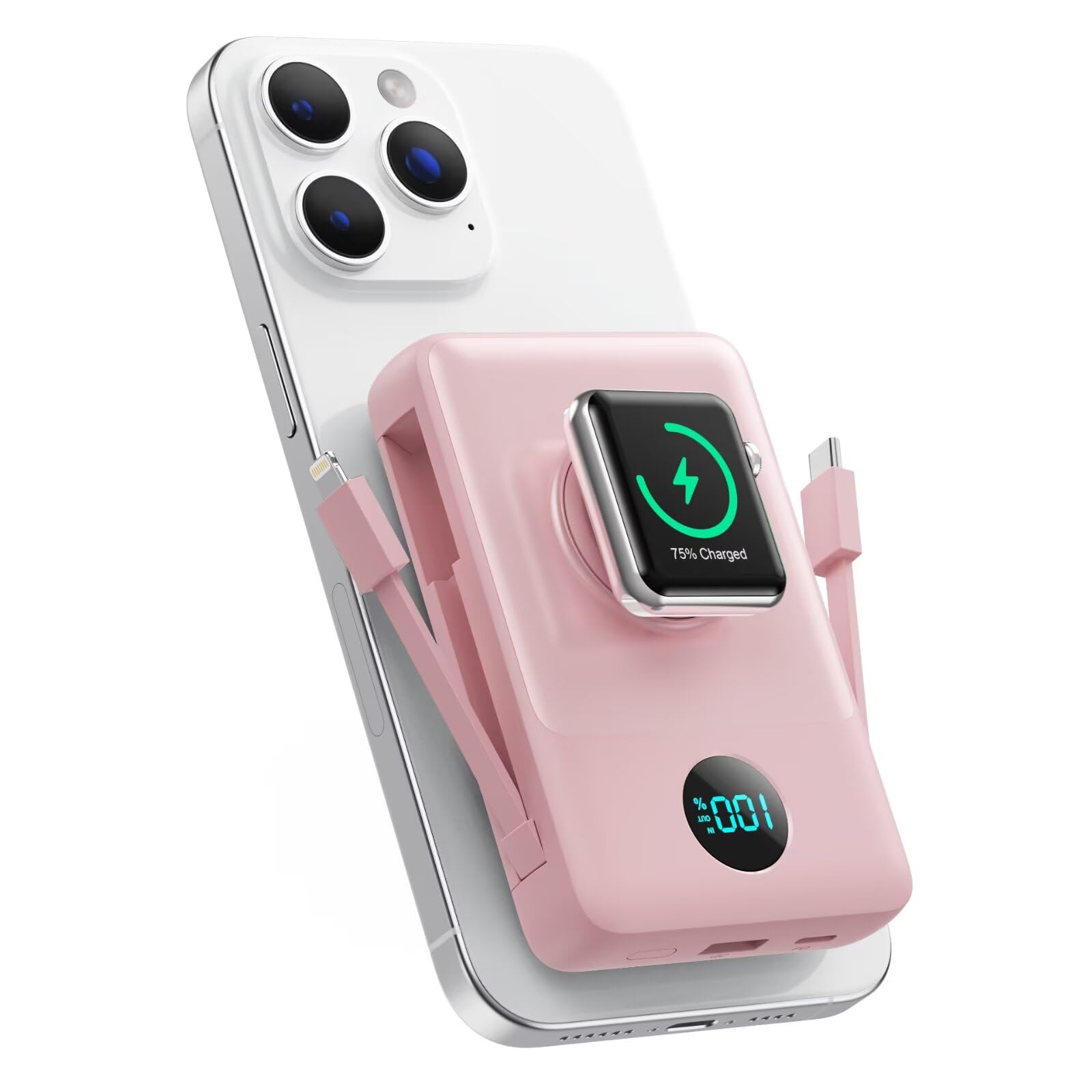 APHUWJ Magnetic Portable Charger 10800mAh with Built-in Cables, 6-in-1 Wireless Power Bank with iWatch Charger, 20W PD Fast Charging USB C Battery Pack for iPhone 16/15/14/13/12,Apple Watch(Pink)