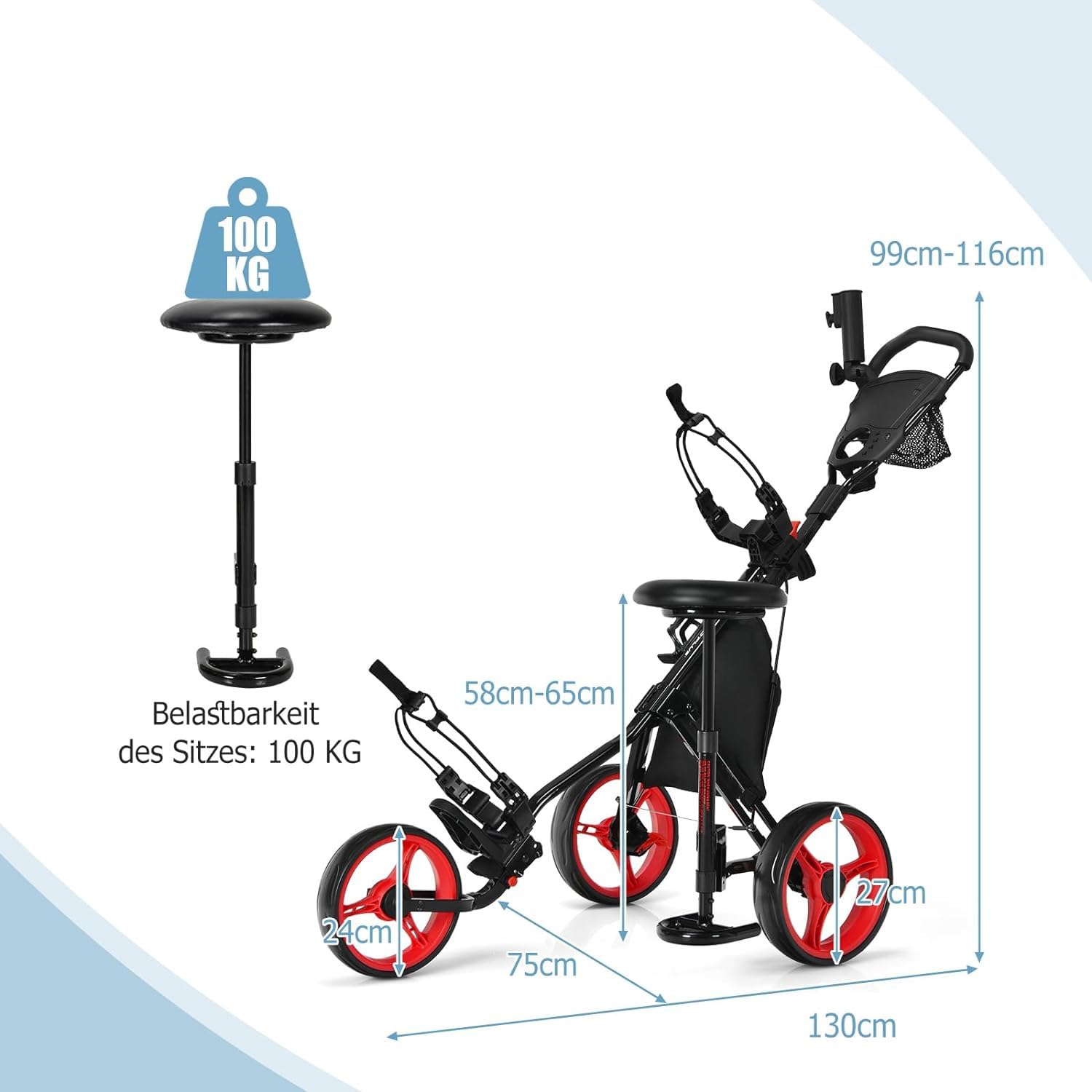 LIFEZEAL Carrito de Golf Plegable, Carrito de Golf con 3 Ruedas, Carro de Golf con Marcador y paragüero, Carrito metálico de Golf con Bolsa de Almacenamiento y Freno de pie