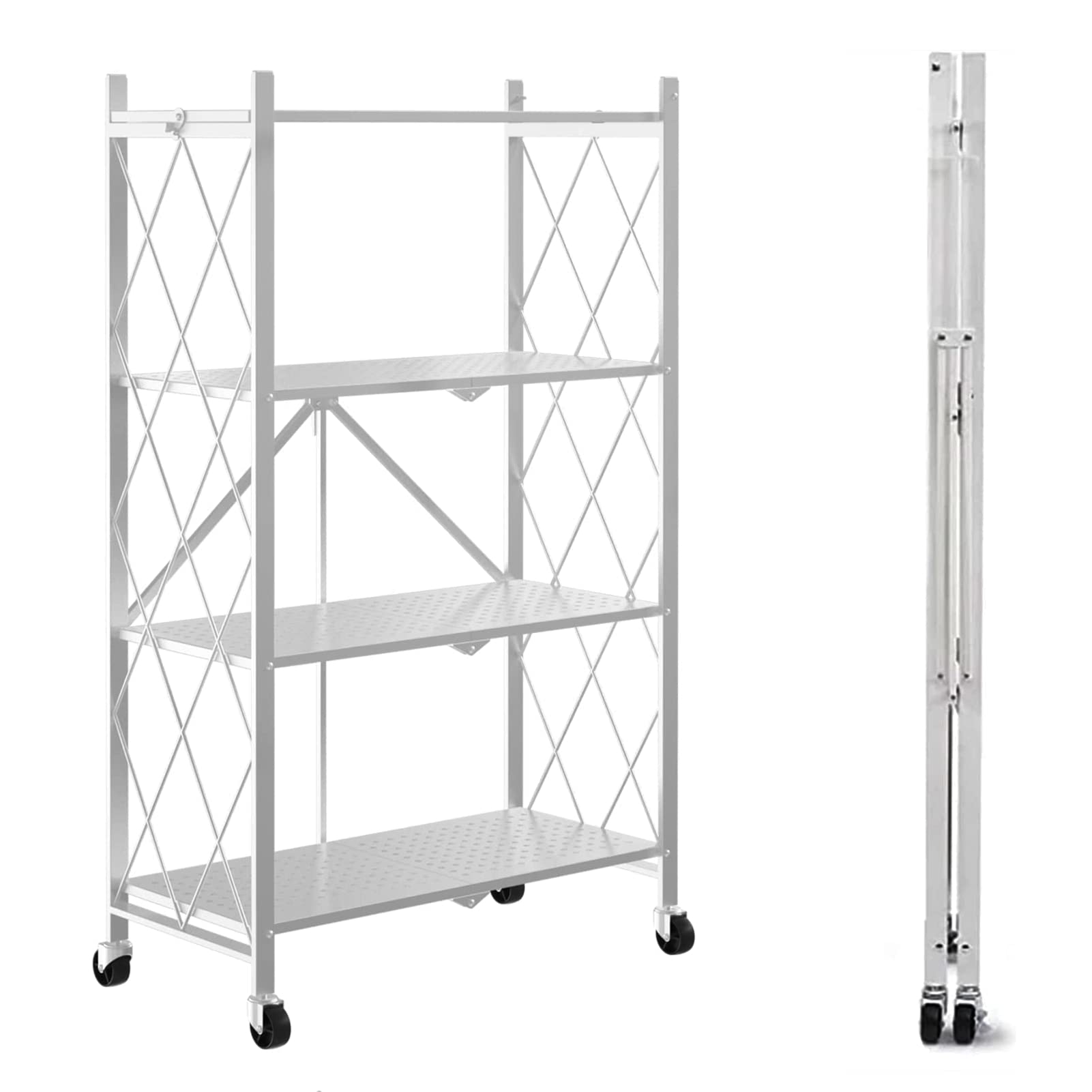 4Shelf Foldable Storage Shelves with Wheels, Metal Shelves Heavy Duty Large Capacity Storage