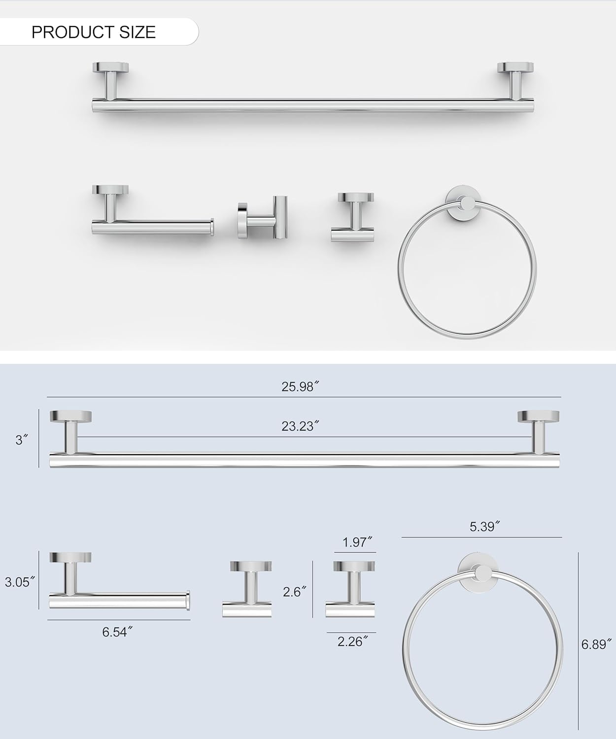 5 Pcs Chrome Bathroom Hardware Accessories Set, HOMEMYSTIQUE SUS304 Stainless Steel Towel Rack and Toilet Paper Holder Set, 26 Inch Towel Bar Set Wall Mounted