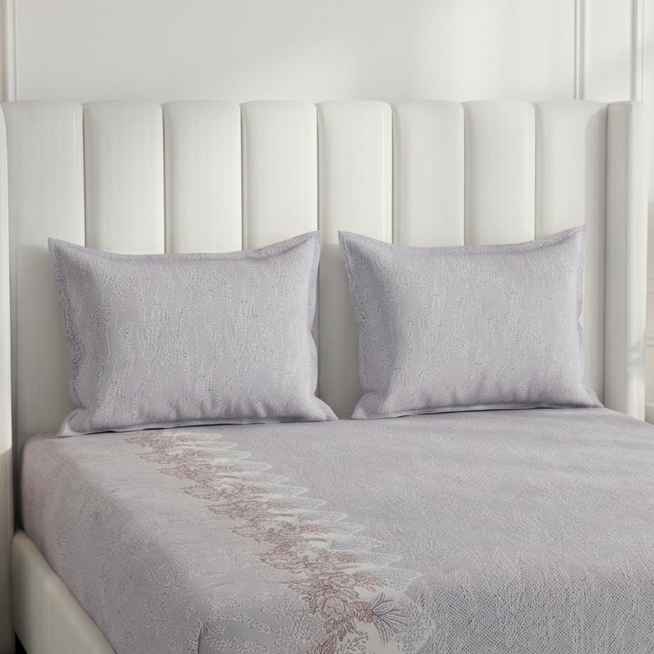 Image of Monte Carlo Eminence Double Bedsheet with 2 Pillow Covers | 144 TC Cotton Bedsheet for Double Bed | Soft & Breathable All Season Bedding Set | Lavender Grey Floral Design | Bedsheet 87 x 100 Inches