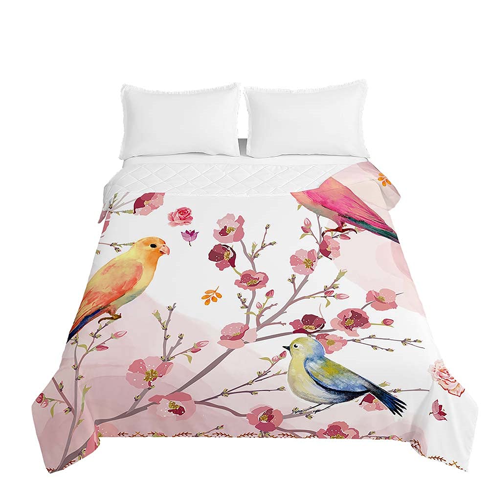 Surwin Rose Flower Embossed Quilted Bedspreads Single Double Super King Bed, 3D Spring Bird Print Bedspread Quilt Bed Throws Blanket Lightweight Coverlet Microfiber All Season Comforter (,220X240cm)