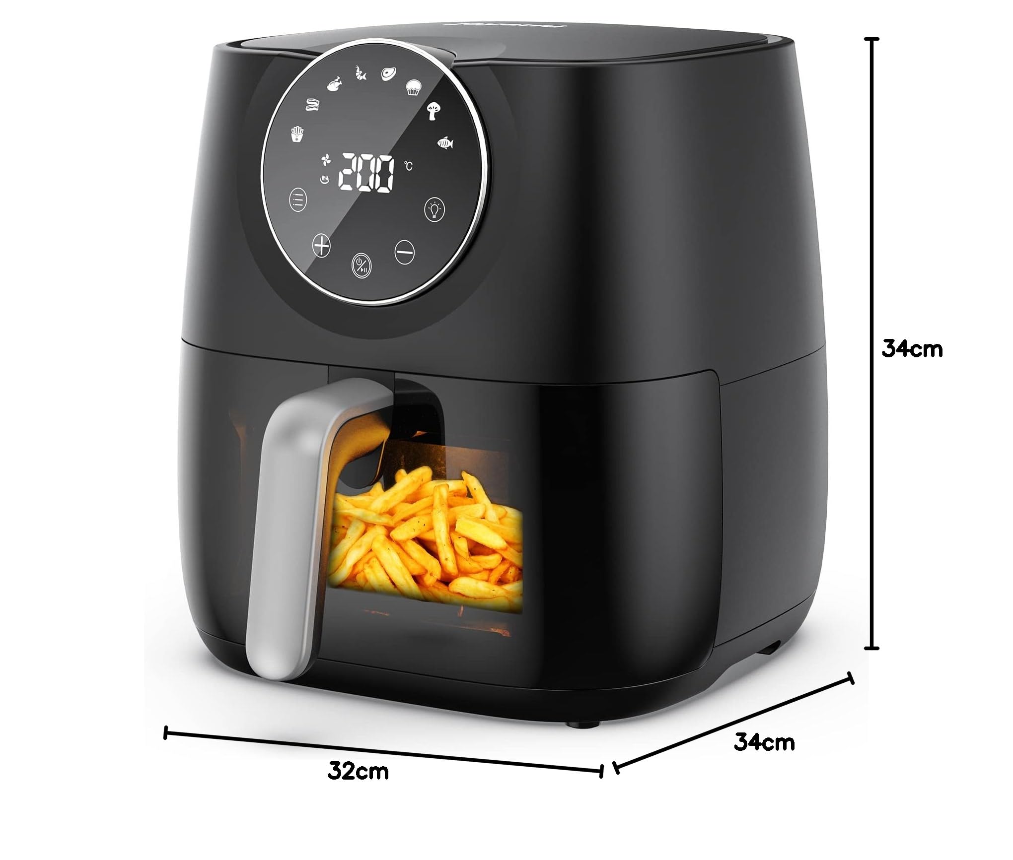 JOYAMI Freidora sin Aceite 5,7L XXL Air Fryer con 100 Recetas en Español, Freidora sin Aceite con 8 Programas Funciones, Ventana Visible Pantalla Táctil LED, Cesta Antiadherente, 1700W, Negra