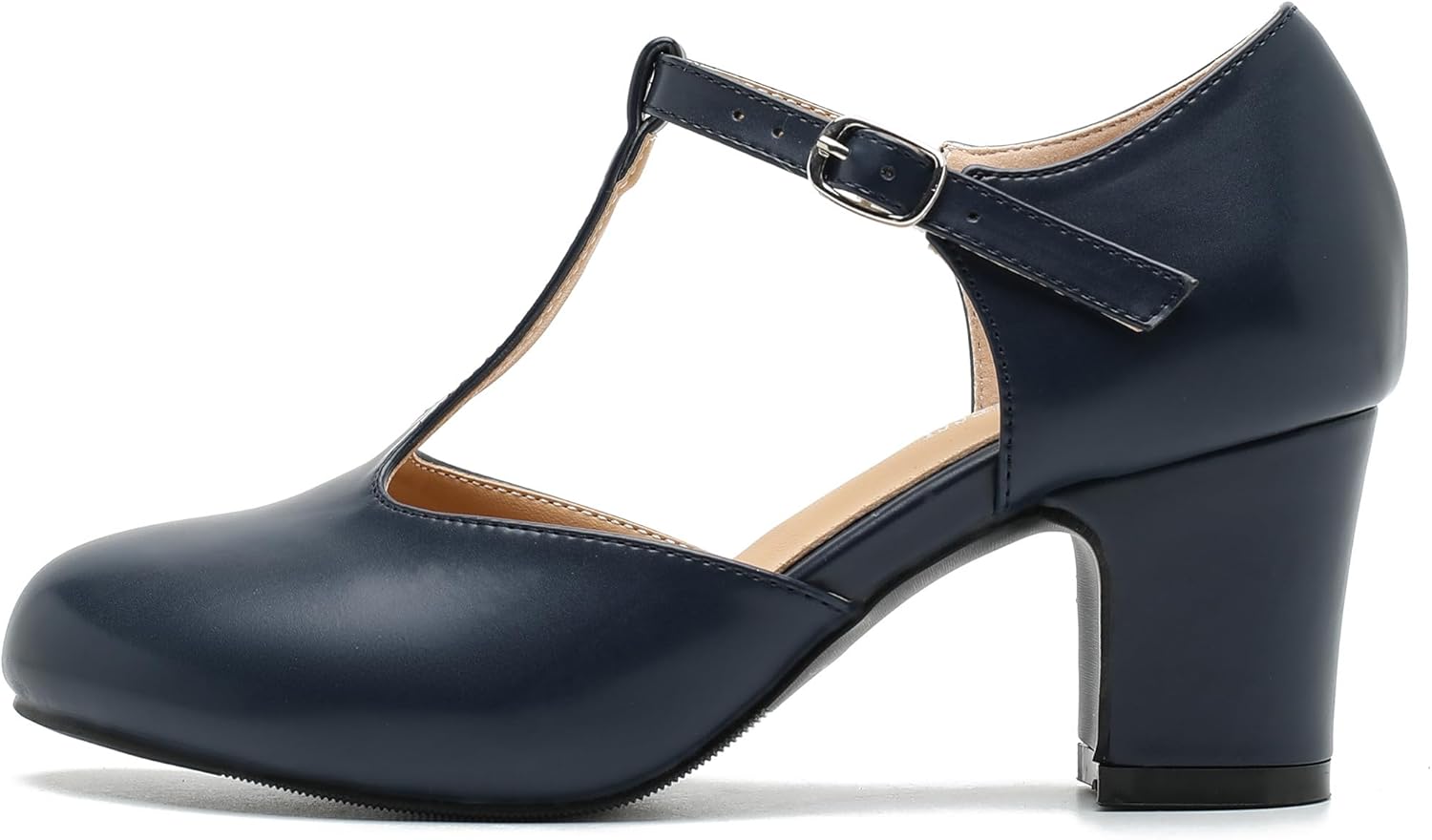 MAIERNISI JESSI Women's T-Strap Mary Jane Pumps, 2.56 Inch Block Heel, Round Toe, Buckle Closure