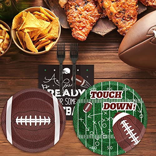 Image of 96 Pieces Football Tableware Set 24 Guests for Football Birthday Table Decorations Supplies Touchdown Football Game Day Party Dessert Plates Napkins Forks Birthday Party Favors