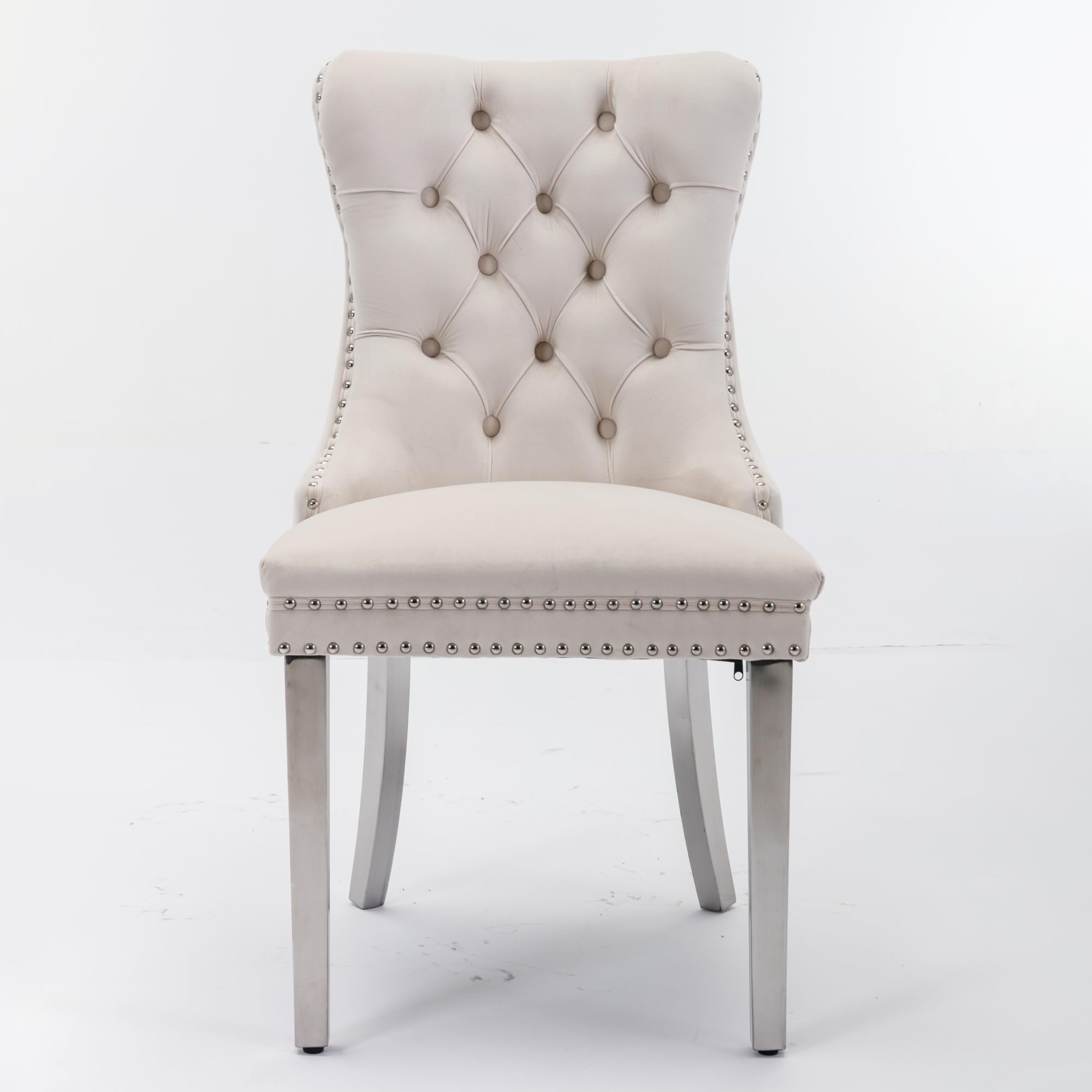 Set di 2 sedie per sala da pranzo, in velluto beige con piedini cromati, sedie imbottite con schienale alto