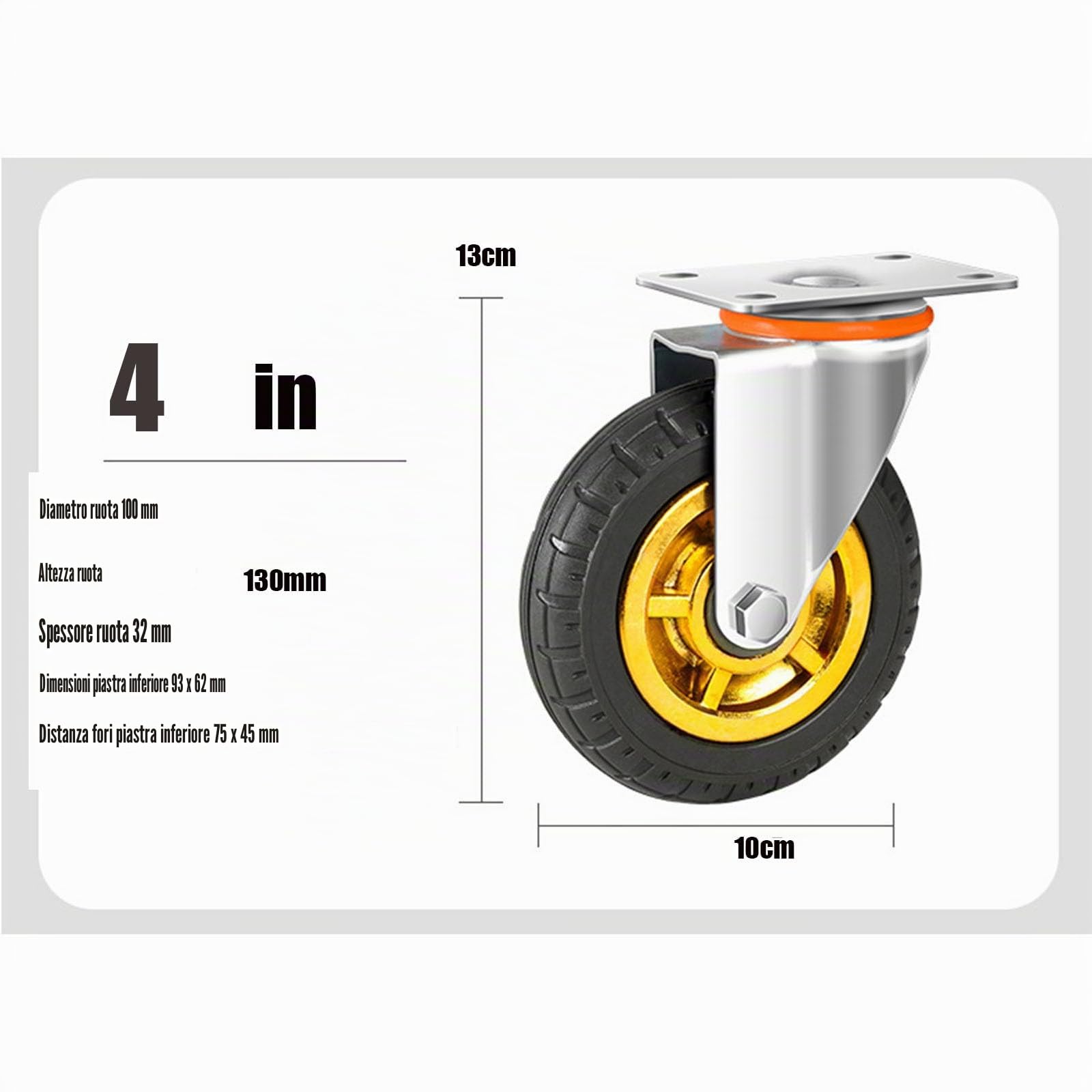 4" Rotelle,con bloccaggio doppio di sicurezza, set di 4, Heavy Duty, carico massimo 2000LBS, per carrello, mobilia, banco da lavoro (nero, 10cm/4 ", 2 Ruote fisse + 2 Ruote con freni)