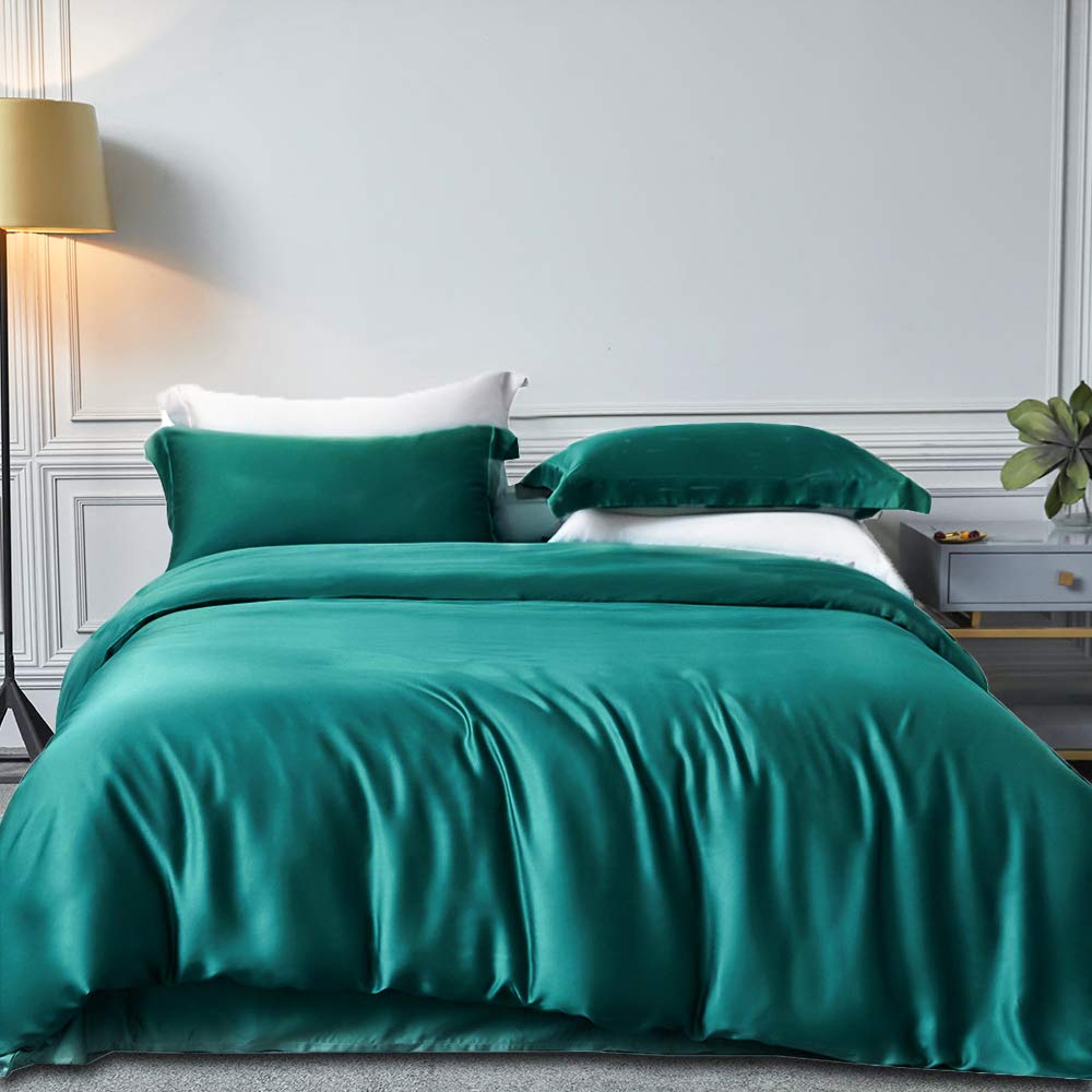 Dark Green Duvet Cover Set Double Bed Silk Like Bedding Set Summer Satin Quilt Covers 200x200cm with Zipper Closure and 2 Pillowcases 50x75cm