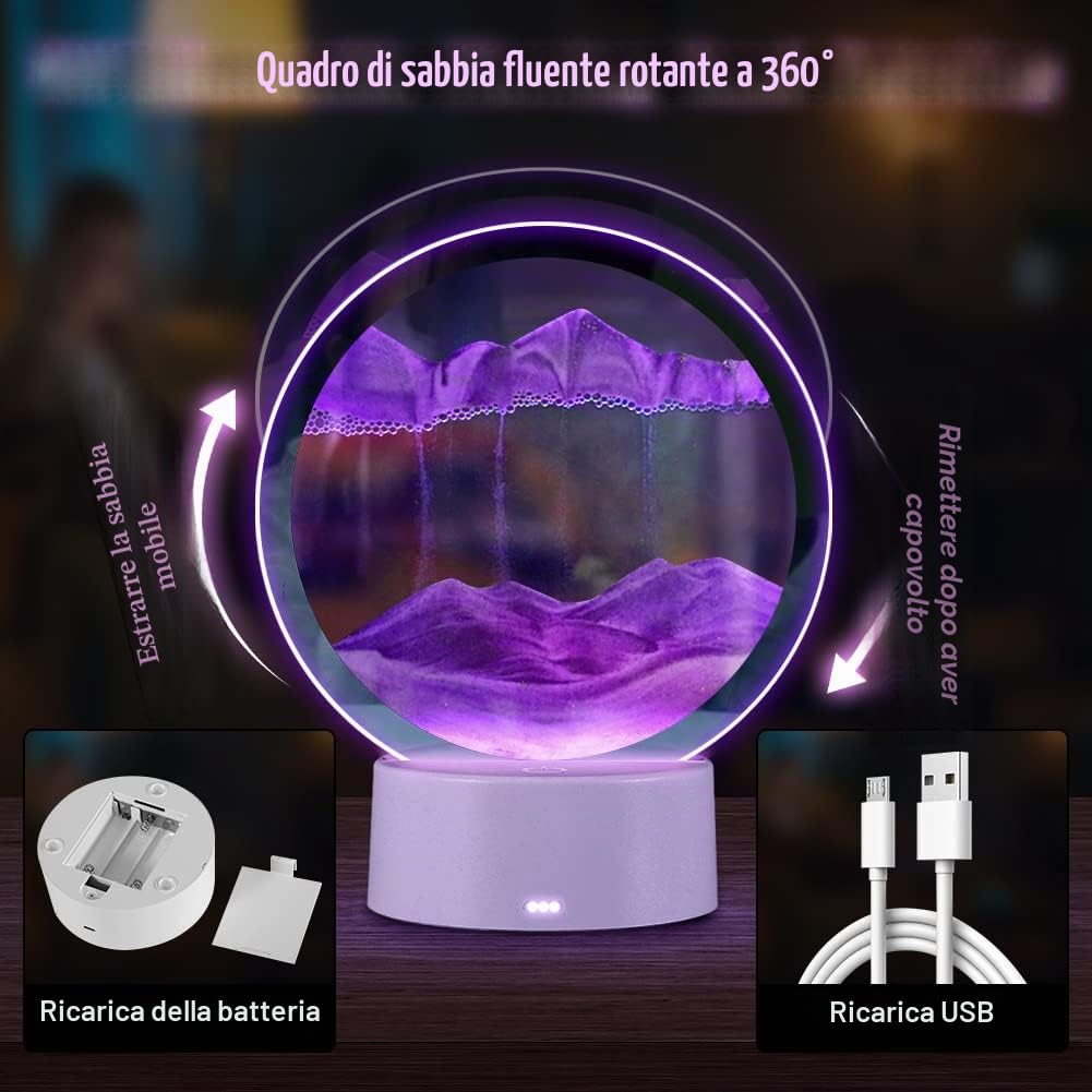 Joycabin Immagine artistica 3D con sabbia mobile, lampada da scrivania con pittura a sabbia fluente, luci a clessidra rotanti a 360° con telecomando, luce notturna rotonda in vetro per casa ufficio