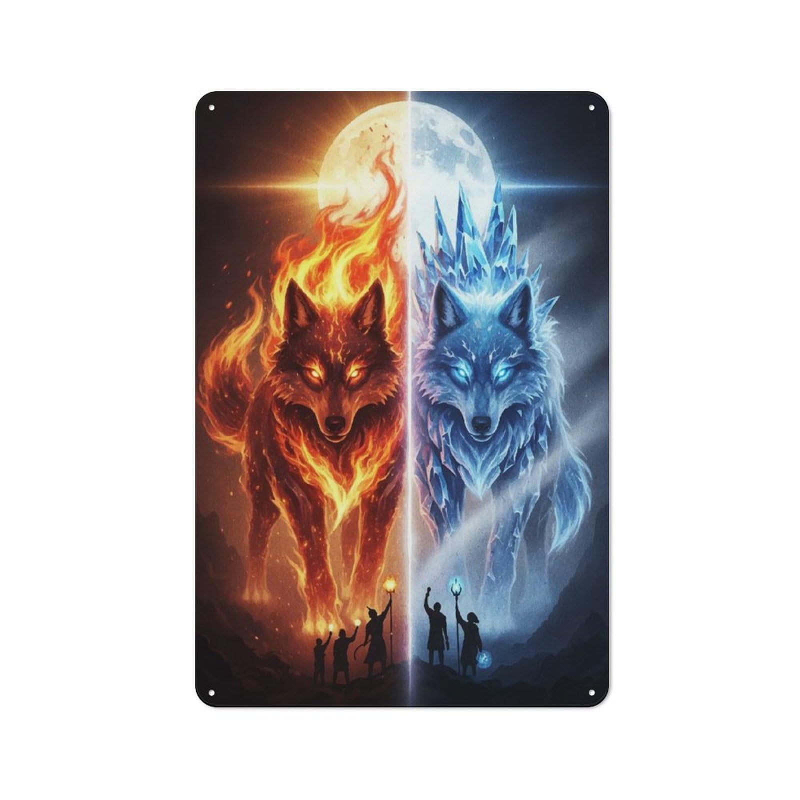 Junmoney Style-11 For Garden Room Or Summerhouse, Fire And Ice Wolves Fantasy Art Rustic Tin Sign 30X20cm, Wall Decor For Garden Rooms And Summerhouses