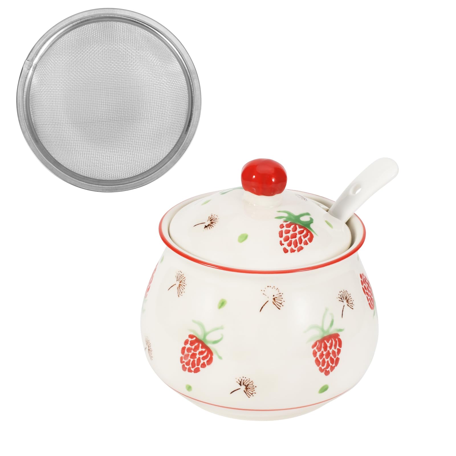 Koythin Ceramic Bacon Grease Container with Strainer, 20oz Saver Keeper Suitable for Storing Frying Oil and Cooking Grease (20oz, Strawberry)