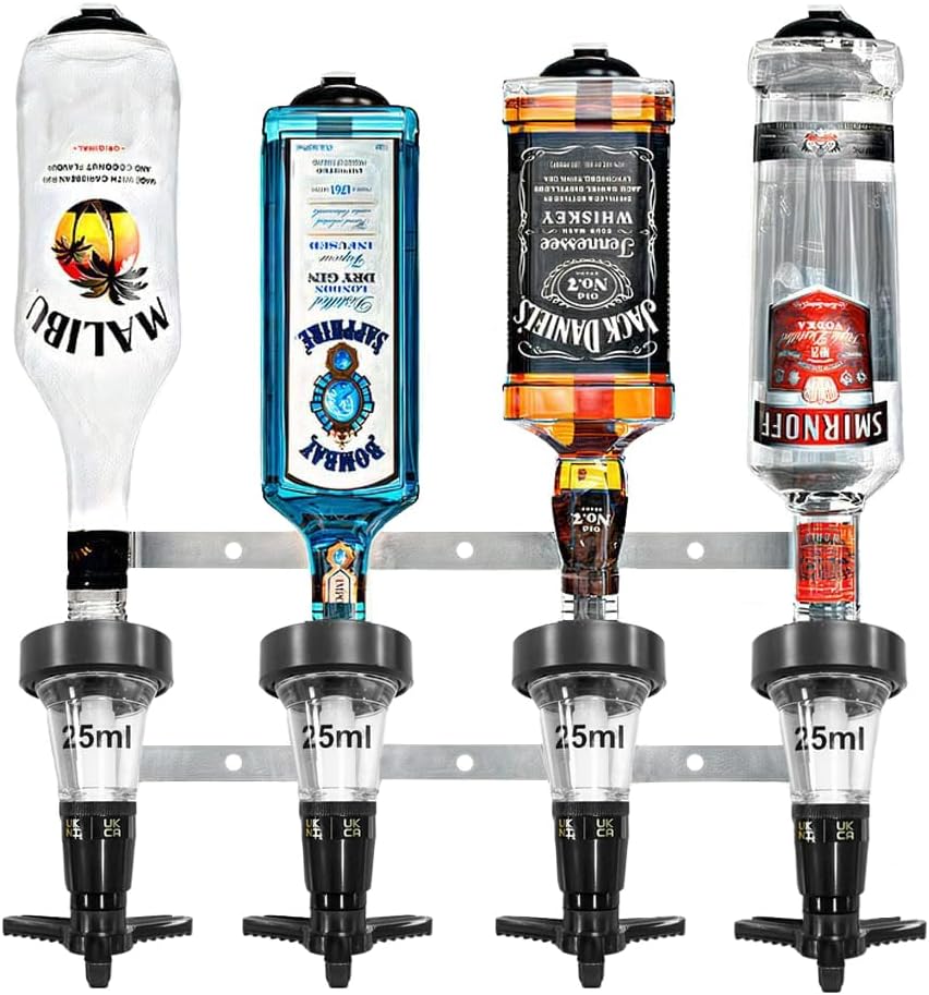4 Bottle Wall Bar Bottle Bracket plus 4 x 25ml Chabrias Traditional Optic Spirit Measures by cateringsupplies.