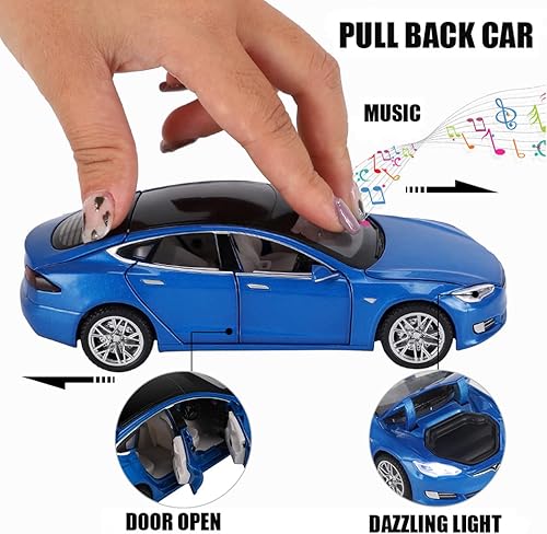 Miniatura 4 de Model S - Coche de juguete fundido a presión de aleación a presión a escala 1:32 a partir de 3 años, auto de juguete con luz y sonido, azul