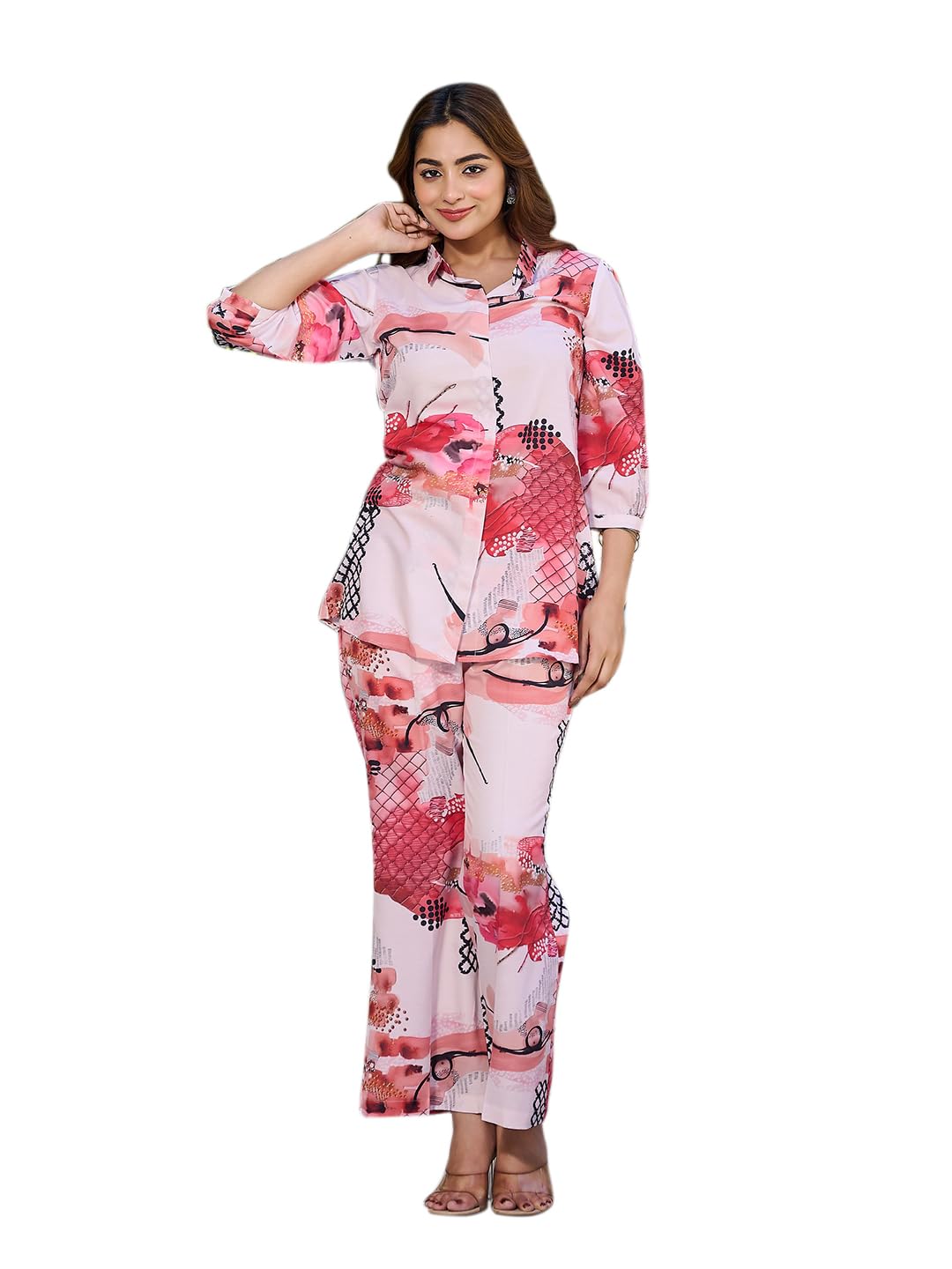 Women's Printed Viscose Rayon Off White Shirt Trousers Co-Ords(VC_5096CO)-image-48