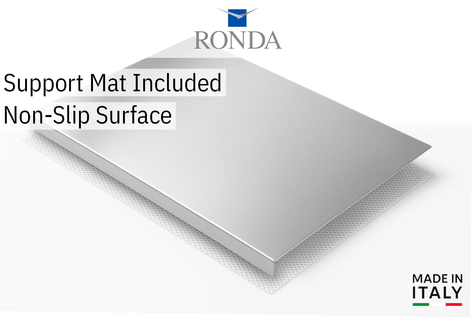 RONDA Tagliere Spianatoia Acciaio Inox 60x50 cm - Piano da Lavoro Alimentare Professionale, Antibatterico e Antiscivolo con Piega 2 cm per Impastare Pizza, Pane e Pasta - Made in Italy