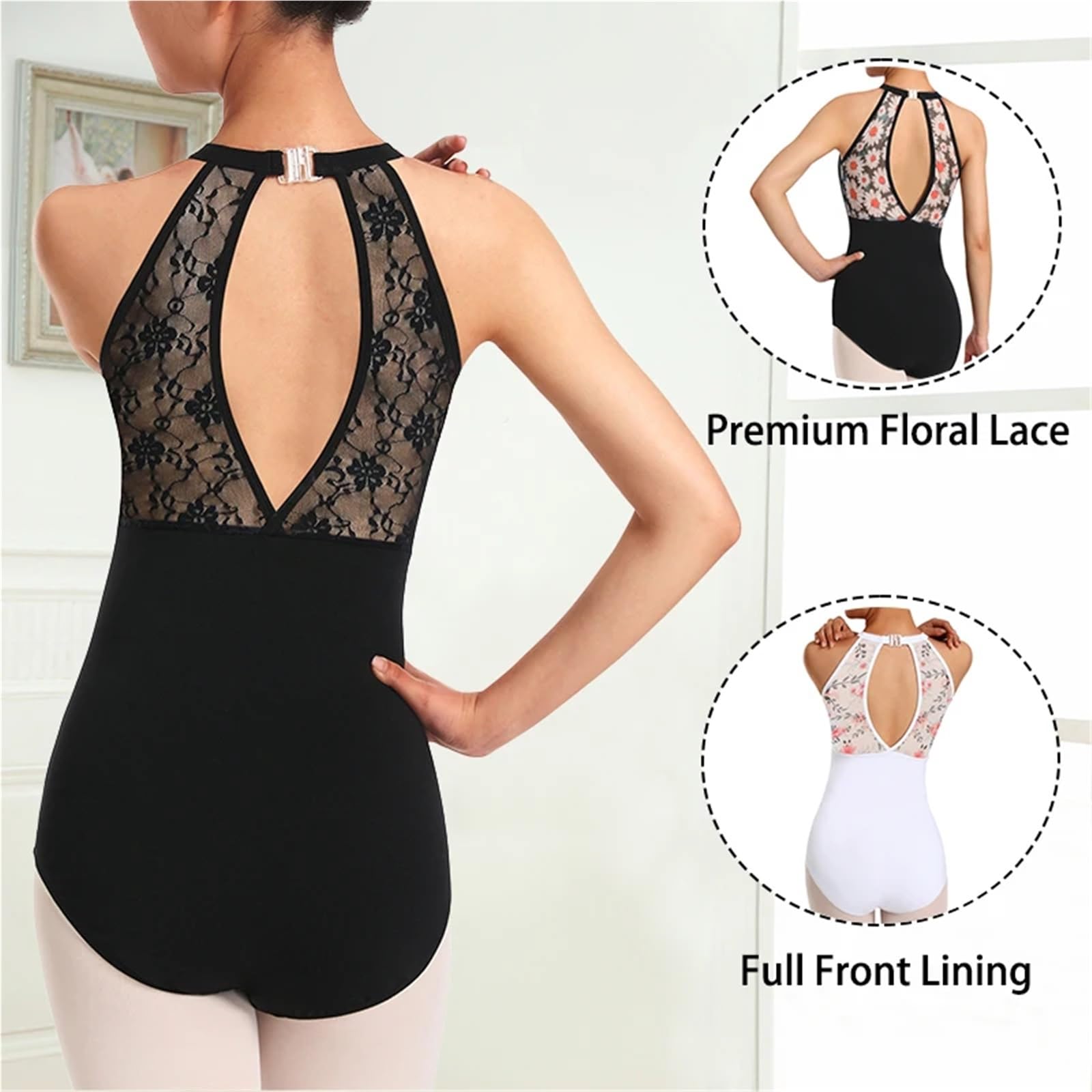 Maillot Ballet Mujer Mallas de Ballet for Mujer con Encaje en la Espalda y diseño Gota Agua, Forro el Pecho